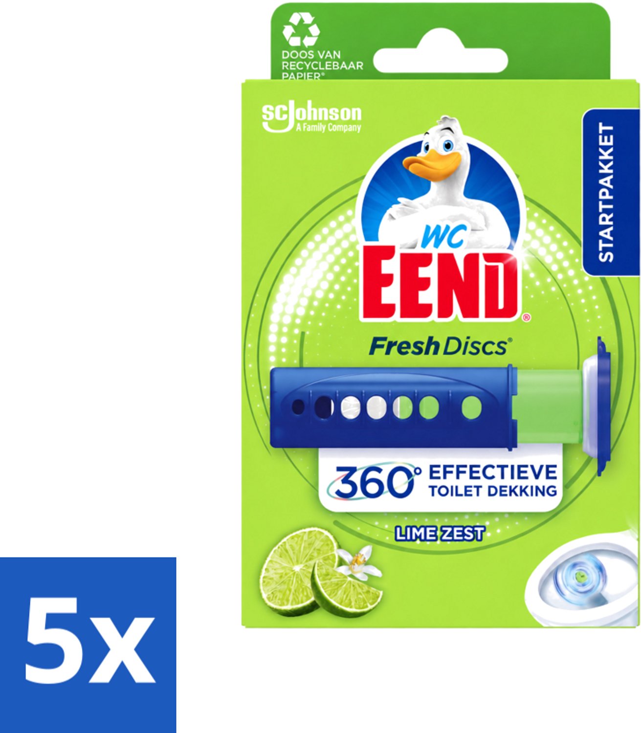 5 x WC Eend - Fresh Discs Lime Zest - Toiletgel - Hygiënisch & Fris tot 7,5 Weken - 36 ml - Voordeelverpakking - 5 stuks