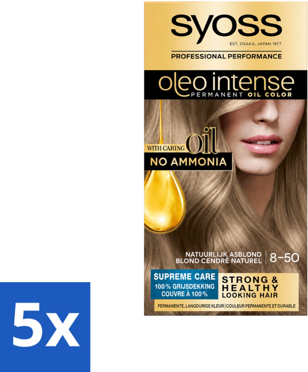 5 x SYOSS - Oleo Intense 8-50 - Haarverf - Permanente Haarkleuring - Natuurlijk Asblond - Langdurige Kleur - Voordeelverpakking - 5 stuks