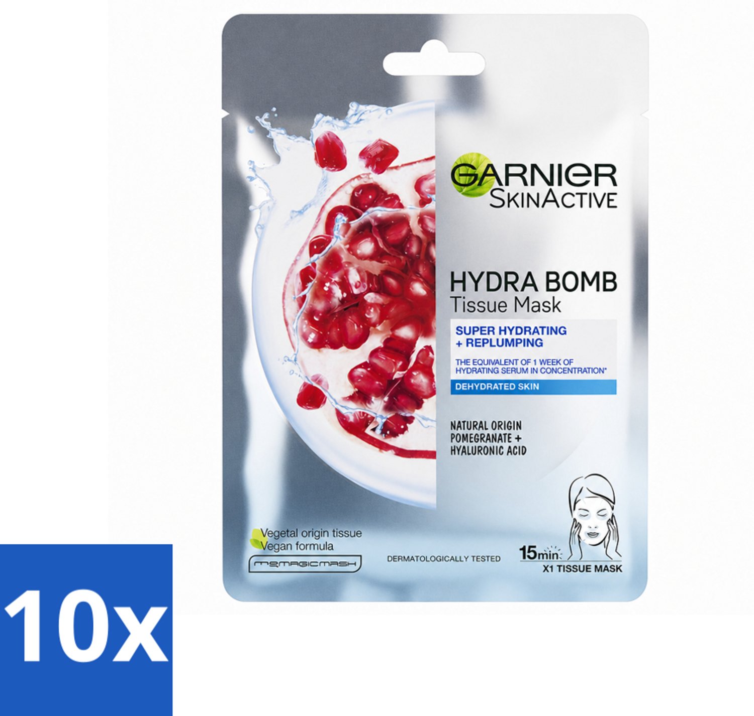 10 x Garnier - SkinActive - Hydra Bomb Sheet Mask - Granaatappel - Gezichtsmasker - 1 Gezichtsreinigingsmiddel - Voordeelverpakking - 10 stuks