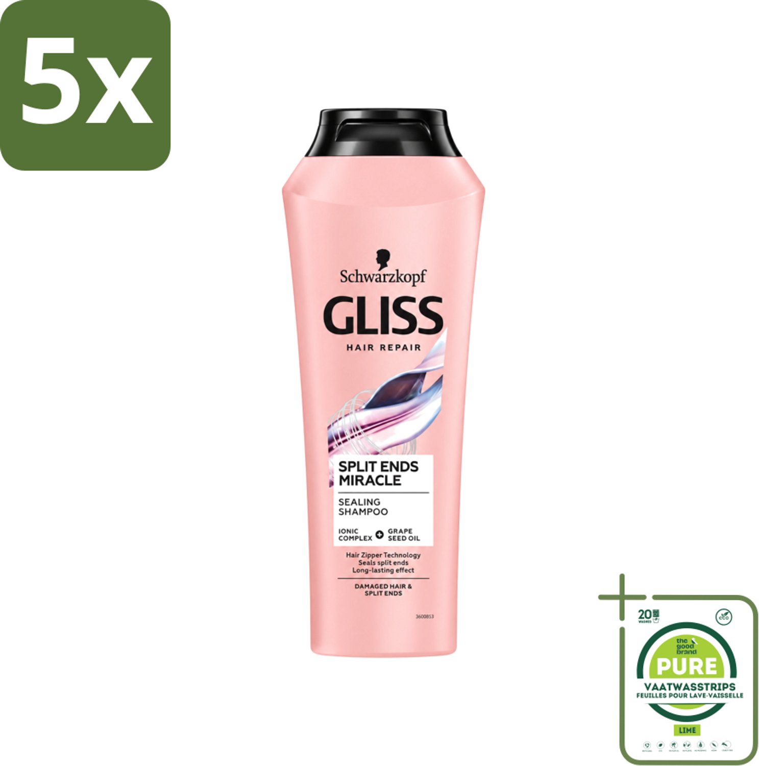 5 x Gliss - Shampoo - Split Hair Miracle - Voor Beschadigd Haar - 250 ml - Grootverpakking - Vaatwasstrips - Gespleten Haarpunten - Haarherstel - Beschadigd Haar - Droog Haar - Haarverzorging