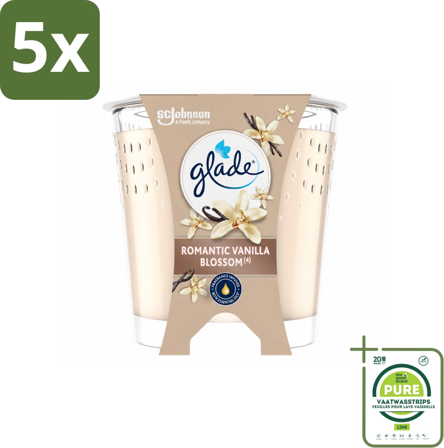 5 x Glade - Geurkaars Romantic Vanillebloesem - 100% Raapzaadwas & Vegan - 112 g - Grootverpakking - Vaatwasstrips - Romantische Kaars - Geurkaars - Vegan Kaars - Warme Geur - Amber Geur