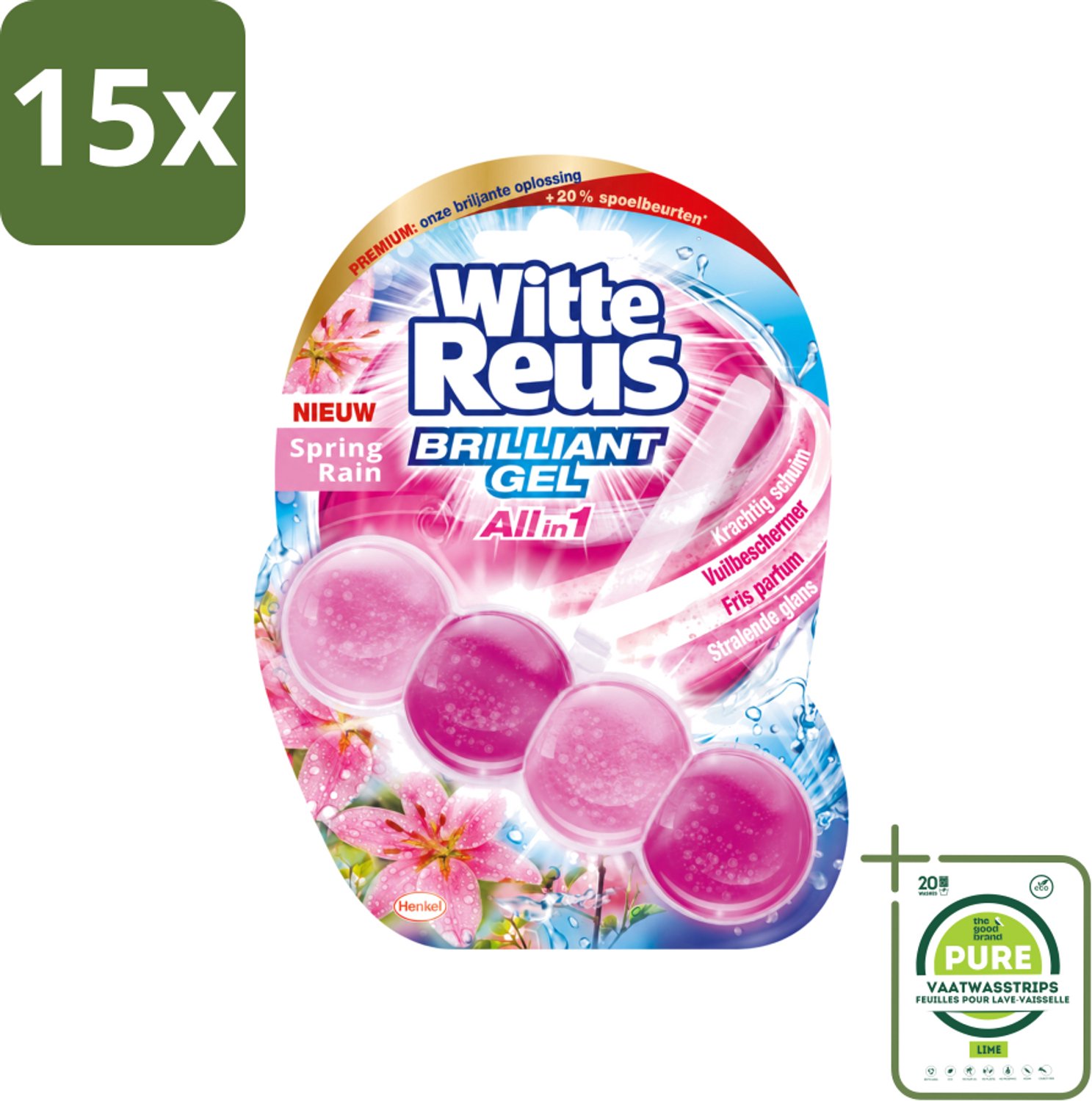 15 x Witte Reus - Toiletblok Brilliant Gel - Spring Rain - 1 Toiletblok - Grootverpakking - Vaatwasstrips - Toiletgel - Reinigingsgel - Frisheid - Schoonmaak - Toiletpot