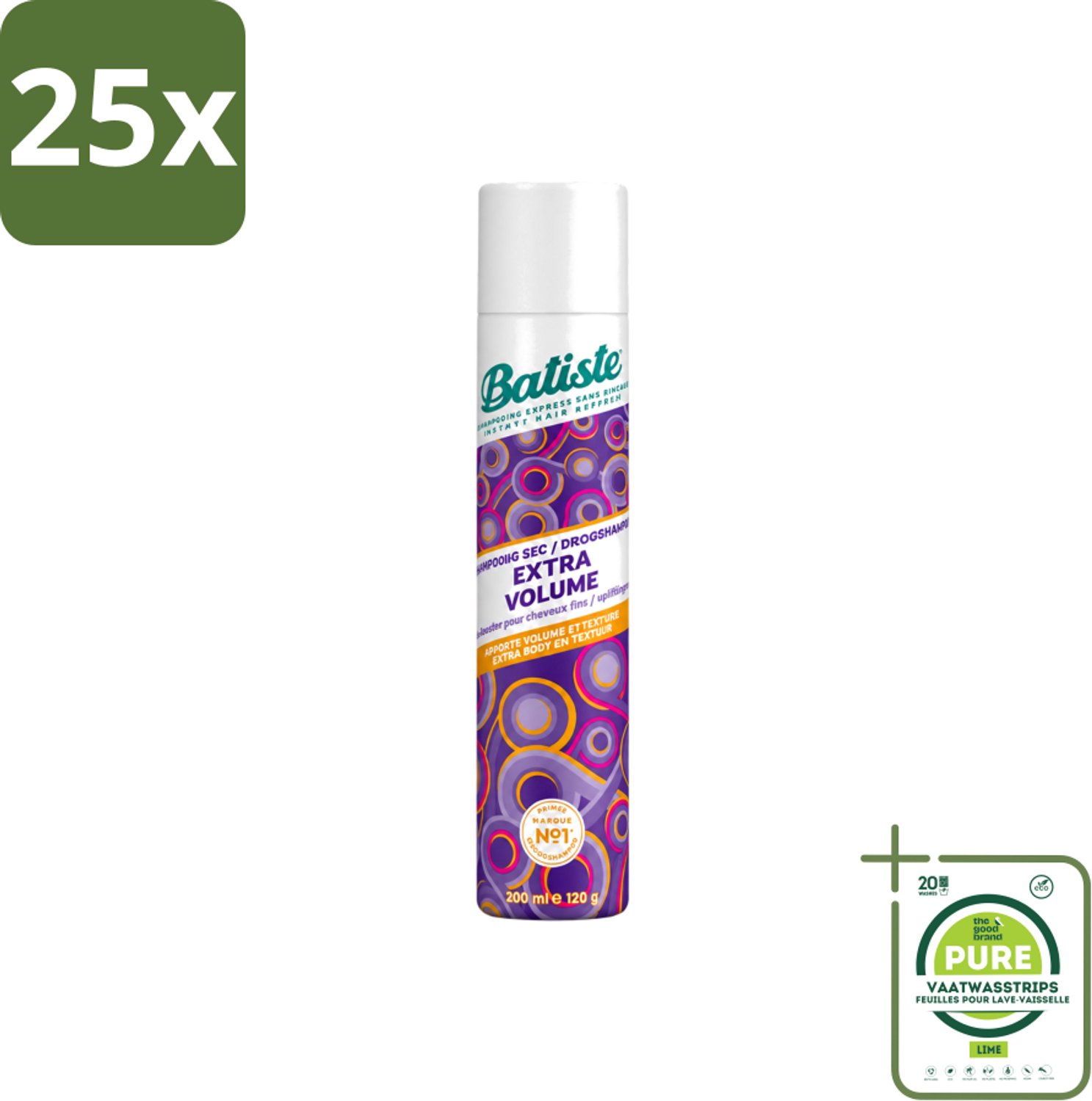 25 x Batiste - Extra Volume - Droogshampoo - Geeft Meer Volheid - Frist Vet Haar Op - 200ml - Grootverpakking - Vaatwasstrips - Extra Volume Haar - Droogshampoo - Haar Volume - Haar Lift - Fris Haar