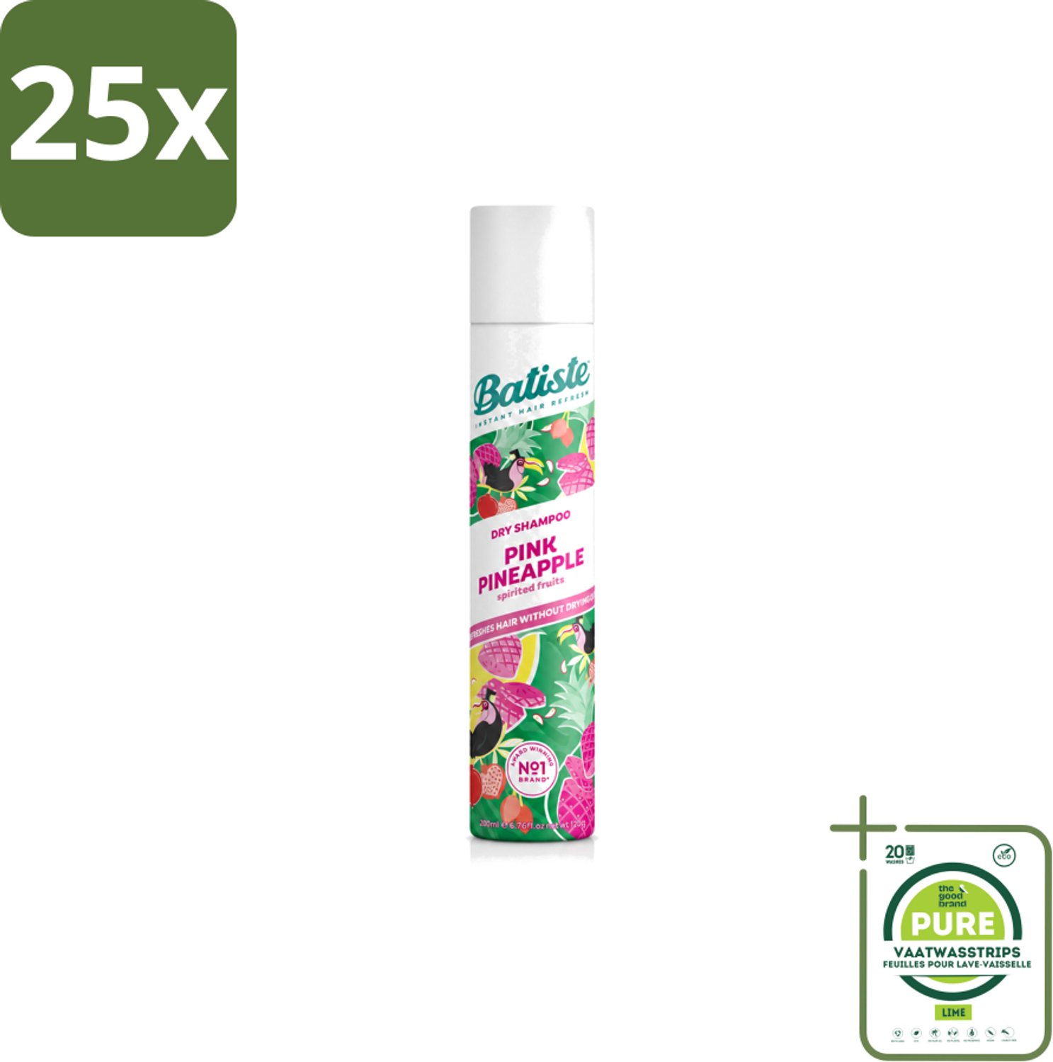 25 x Batiste - Pink Pineapple - Droogshampoo - Friszoete Geur - Verfrist en Geeft Volume - 200ml - Grootverpakking - Vaatwasstrips - Droogshampoo - Fris Haar - Tropisch Haar - Fruitige Geur - Haarkleur