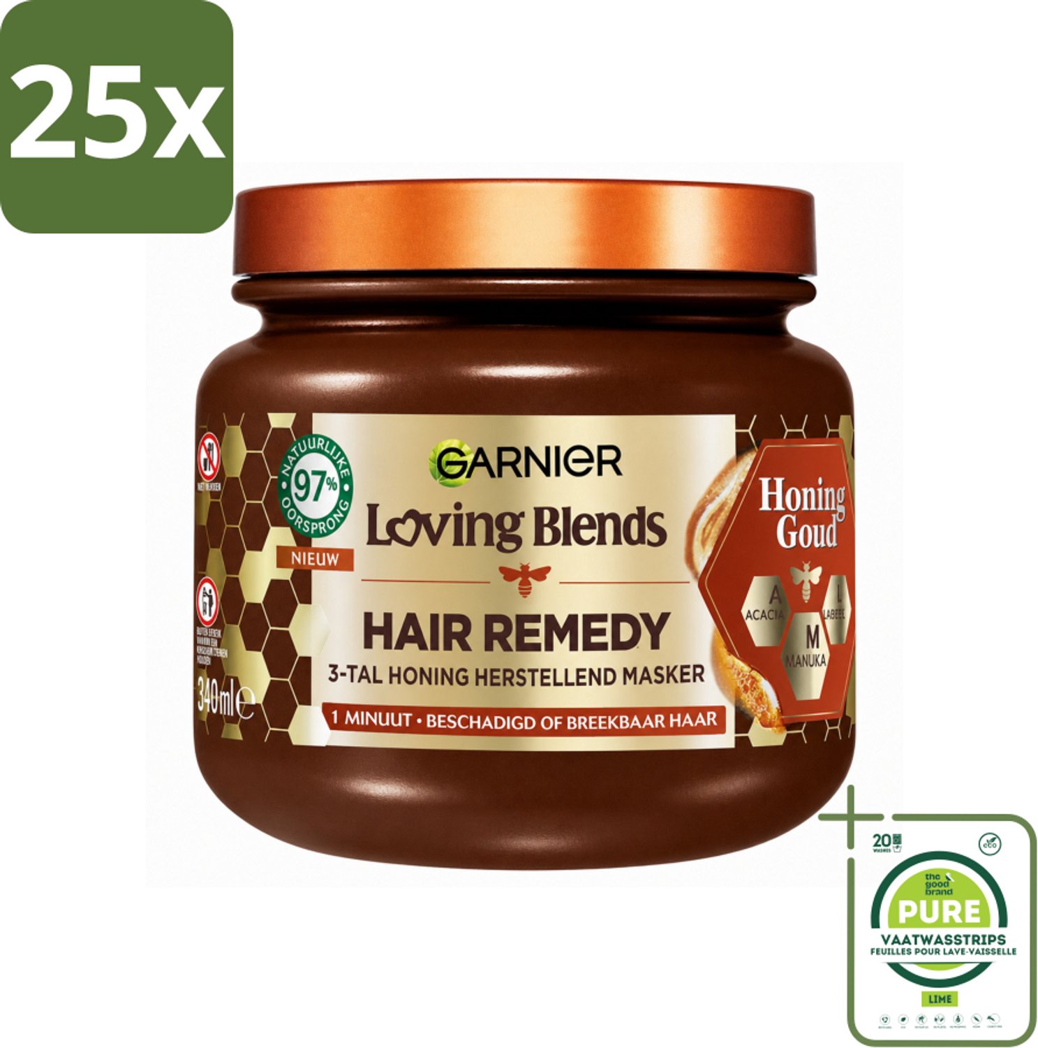 25 x Garnier - Loving Blends Honing Goud - Hair Remedy Haarmasker - Beschadigd & Breekbaar Haar - 340 ml - Grootverpakking - Vaatwasstrips - Haarmasker - Haarherstel - Haarscheuren - Haarbreuk - Gespleten Punten