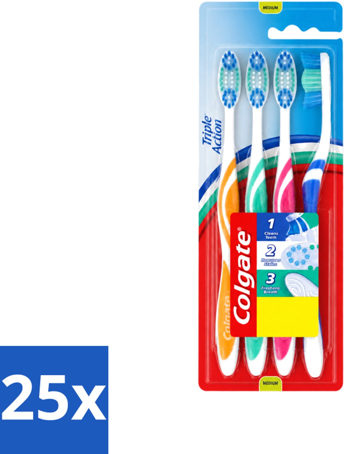 25 x Colgate - Tandenborstels - Triple Action - Medium - 4 borstels - Voordeelverpakking - 25 stuks