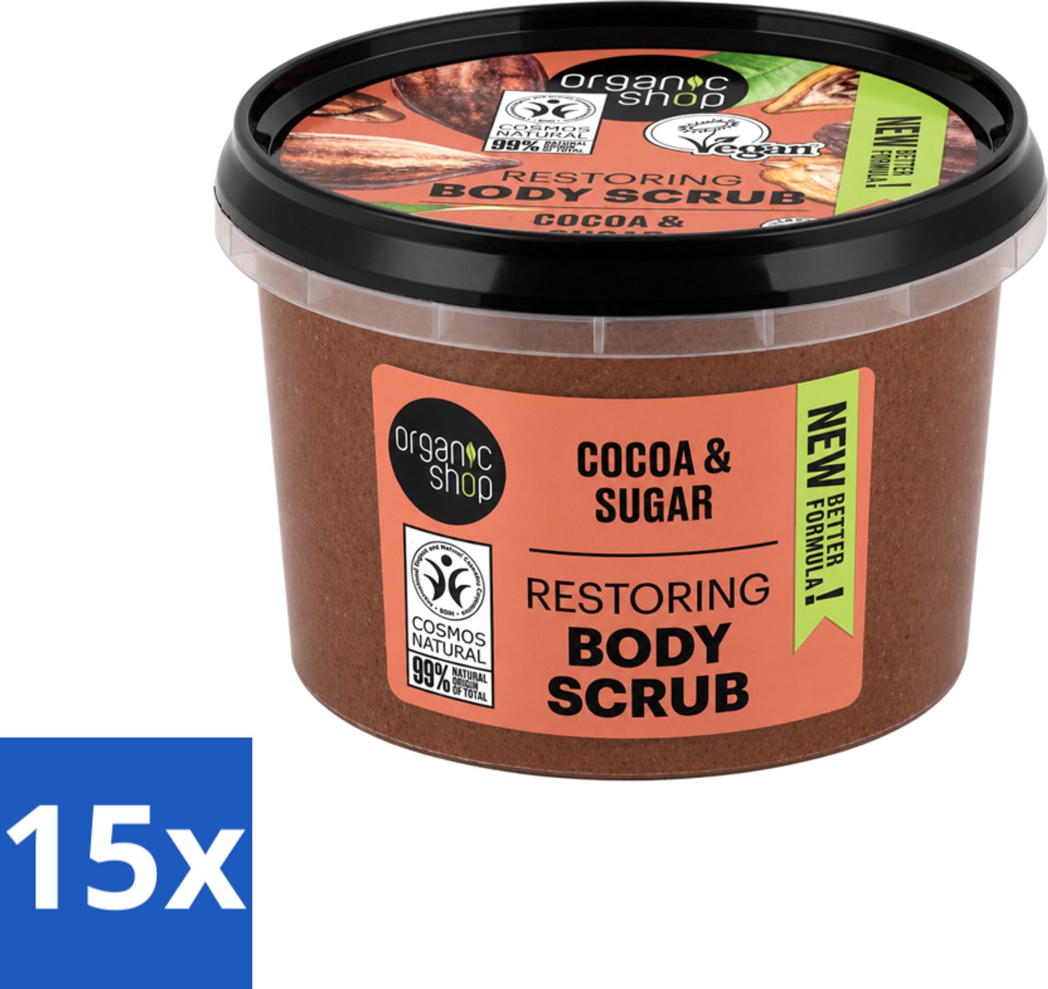 15 x Organic Shop - Body Scrub Cocoa - Rijke Hydratatie - 250 ml - Voordeelverpakking - 15 stuks