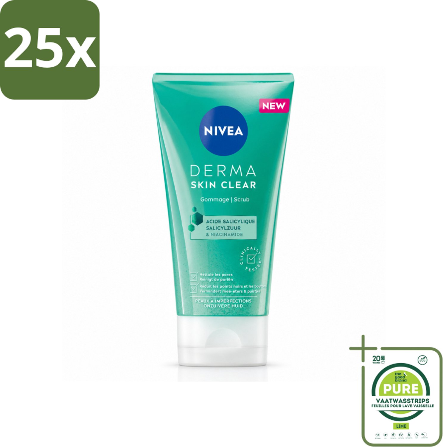 25 x NIVEA - Gezichtsscrub - DERMA Huidzuiver - Voor onzuivere huid - Met Salicylzuur (AHA) & Niacinamide - Tegen Acne & Mee-eters - 150 ml - Grootverpakking - Vaatwasstrips - Gezichtsverzorging - Puistjes - Mee-eters - Poriënreiniging - Acne