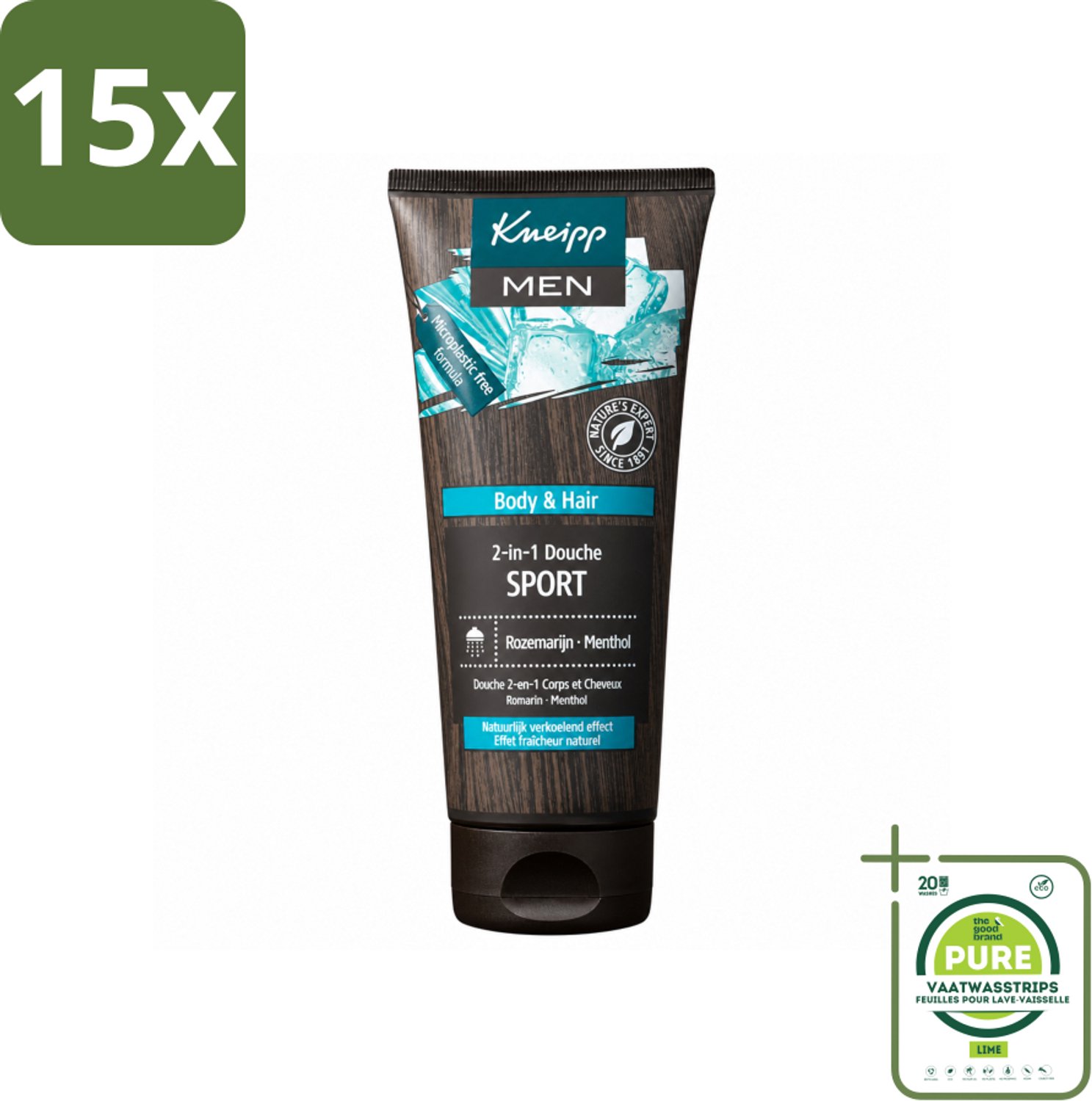 15 x Kneipp - Sport Douche 2‑in‑1 - Men - 200 ml - Grootverpakking - Vaatwasstrips - Sportdouche - Herstel Na Sporten - Verkoeling - Ontspanning - Menthol
