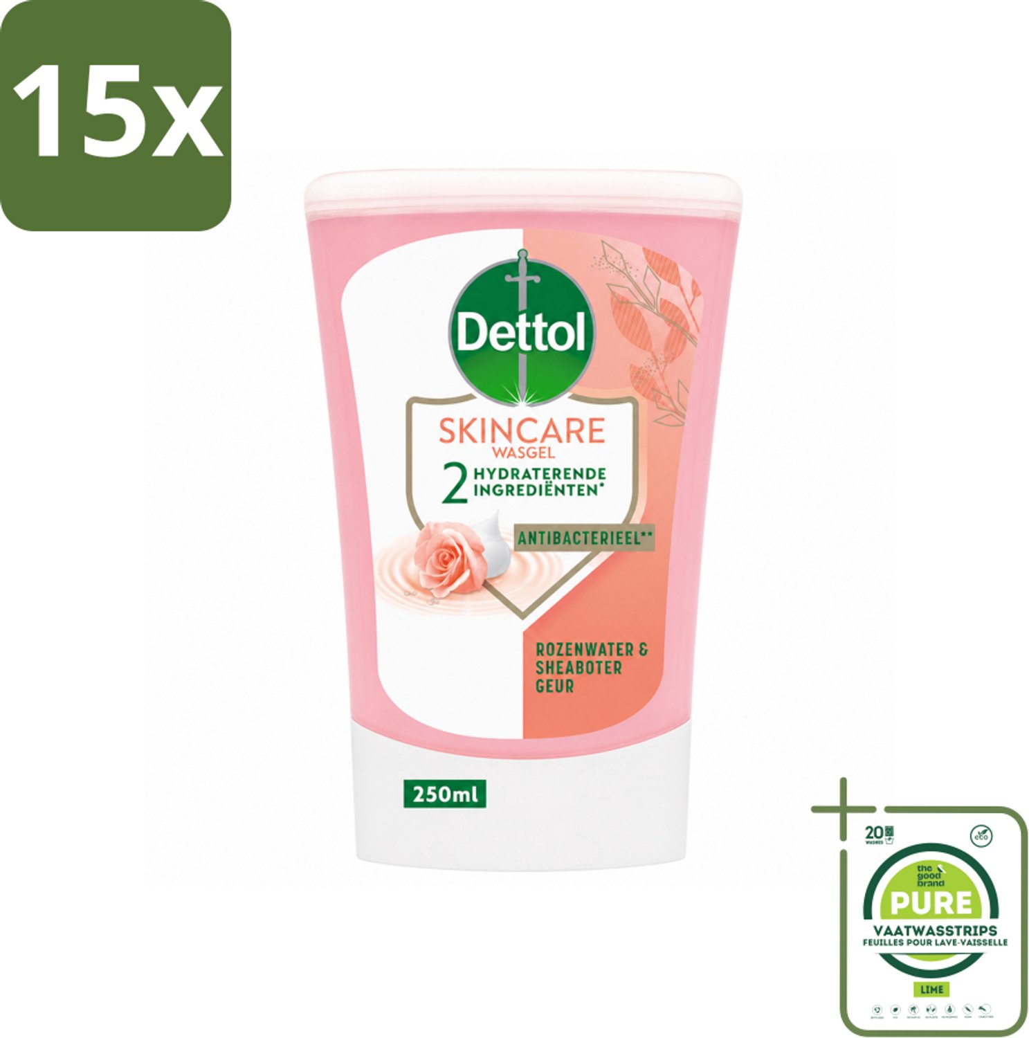 15 x Dettol - Wasgel Navulling - Skincare - Rozenwater & Sheaboter - 250 ml - Grootverpakking - Vaatwasstrips - Handen Reinigen - Antibacteriële Wasgel - Handwas - Hygiëne - Handen Verzorgen