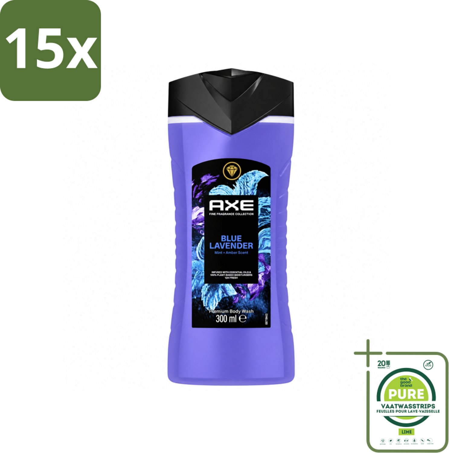 15 x AXE - Douchegel - Blue Lavender - Kalmerend - Premium Geur - 300 ml - Grootverpakking - Vaatwasstrips - Douchegel - Kalmerend - Frisheid - Ontspanning - Lavendel