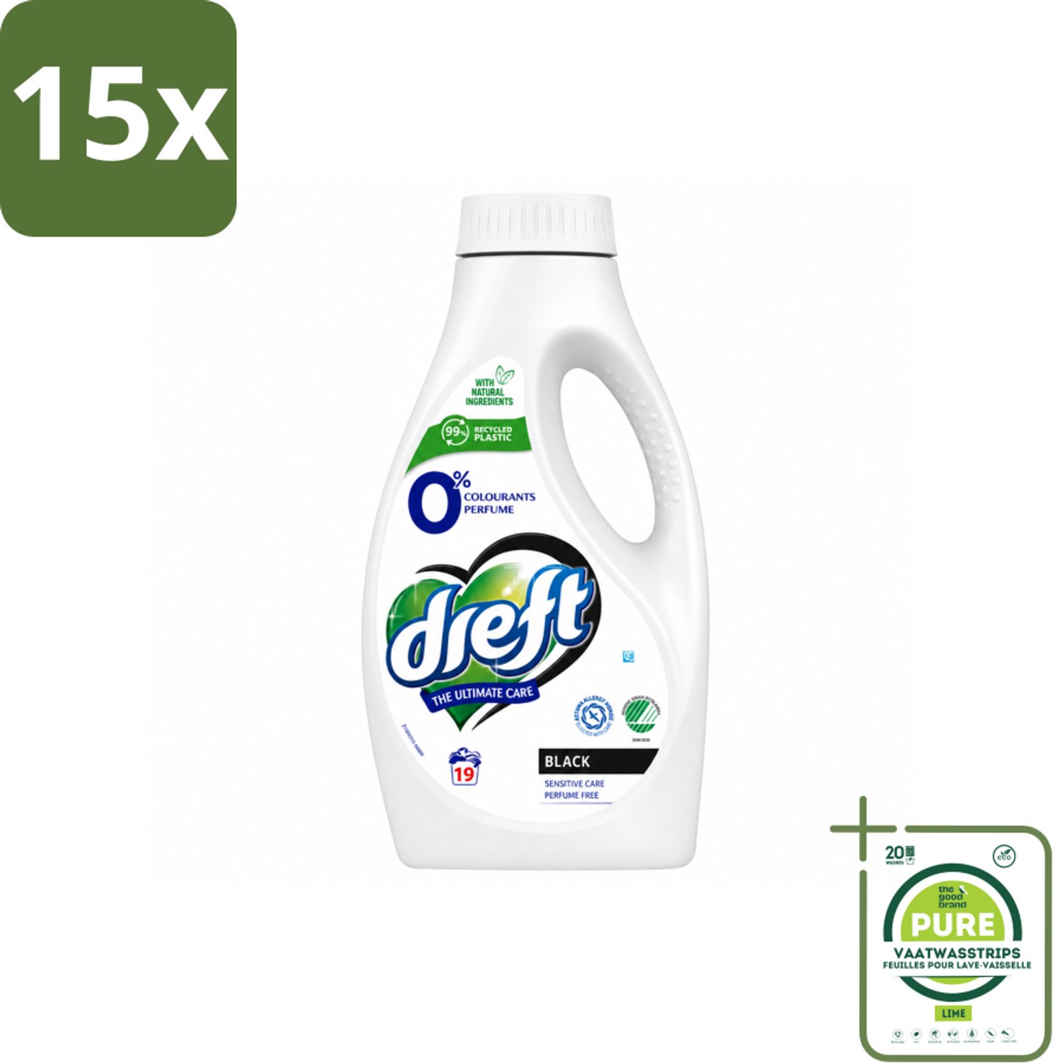 15 x Dreft - Vloeibaar Wasmiddel - 0% Donkere Was - Kleurbescherming - 19 Wasbeurten - Grootverpakking - Vaatwasstrips - Donkere Was - Huidgevoelig - Parfumvrij - Natuurlijke Wasmiddel - Milde Was