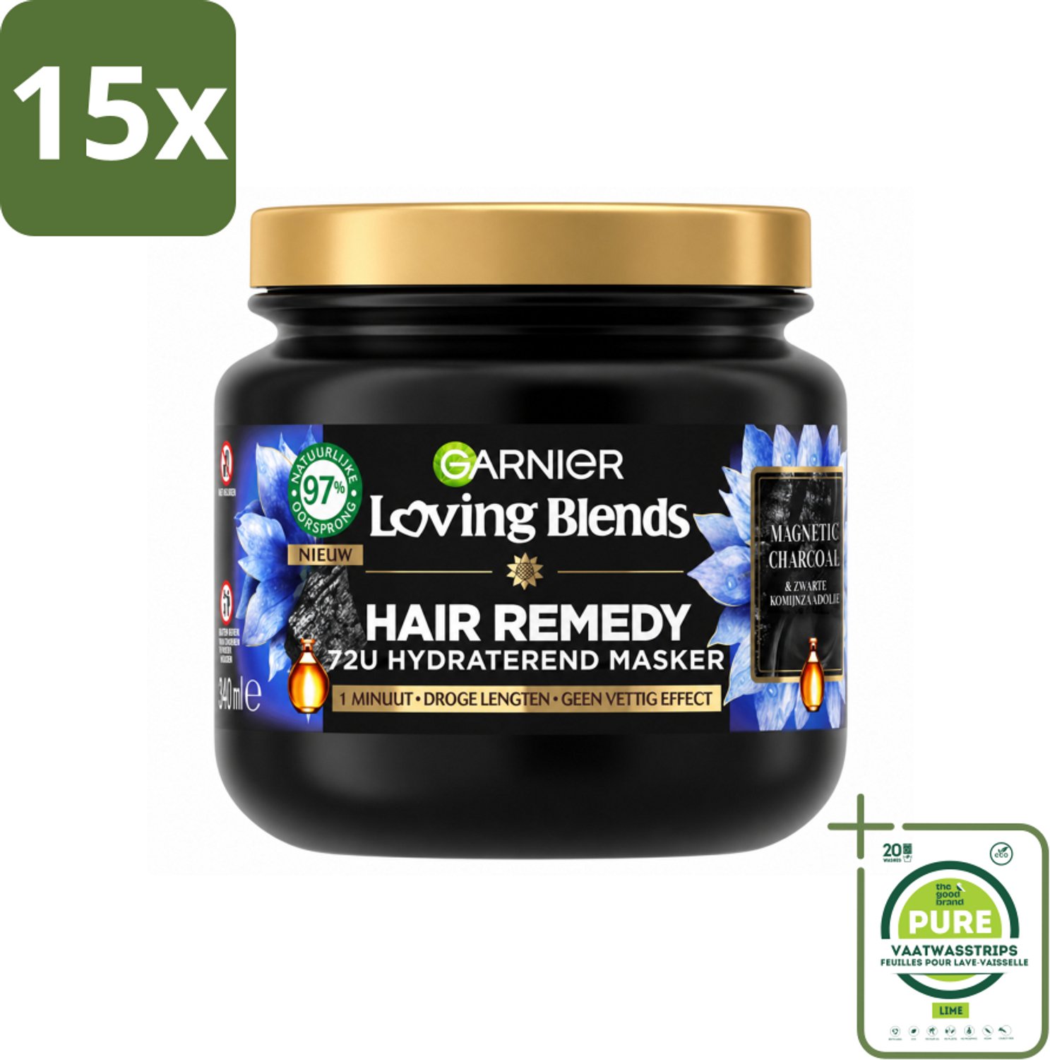 15 x Garnier - Loving Blends Magnetic Charcoal - Haarmasker - Droge Lengtes - 340 ml - Grootverpakking - Vaatwasstrips - Haarmasker - Droge Haar - Hydratatie - Natuurlijke Ingrediënten - Charcoal