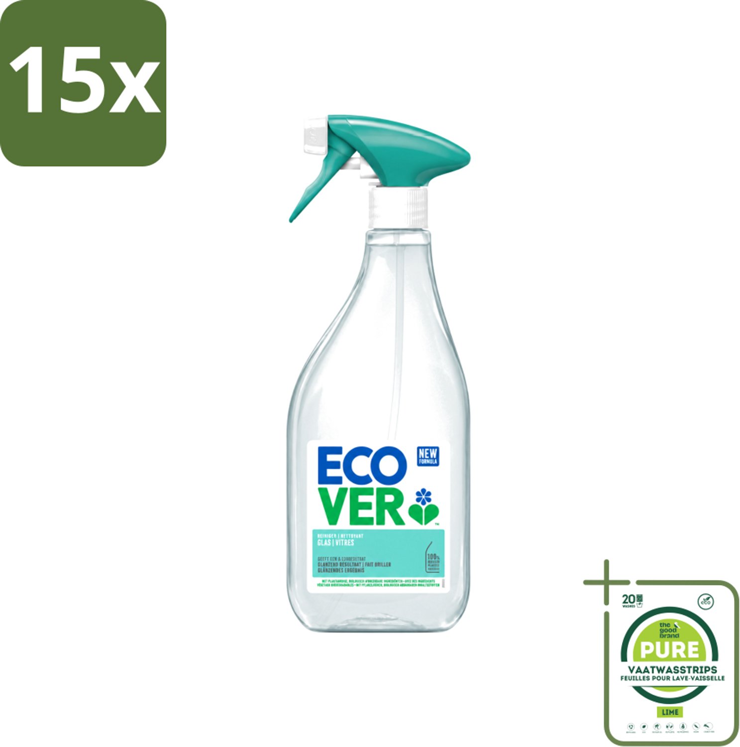 15 x Ecover - Glasreiniger Spray - 500 ml - Grootverpakking - Vaatwasstrips - Glas Reinigen - Glas Reiniger - Glas Schoonmaken - Glas Spiegel Reinigen - Plantaardige Reiniger