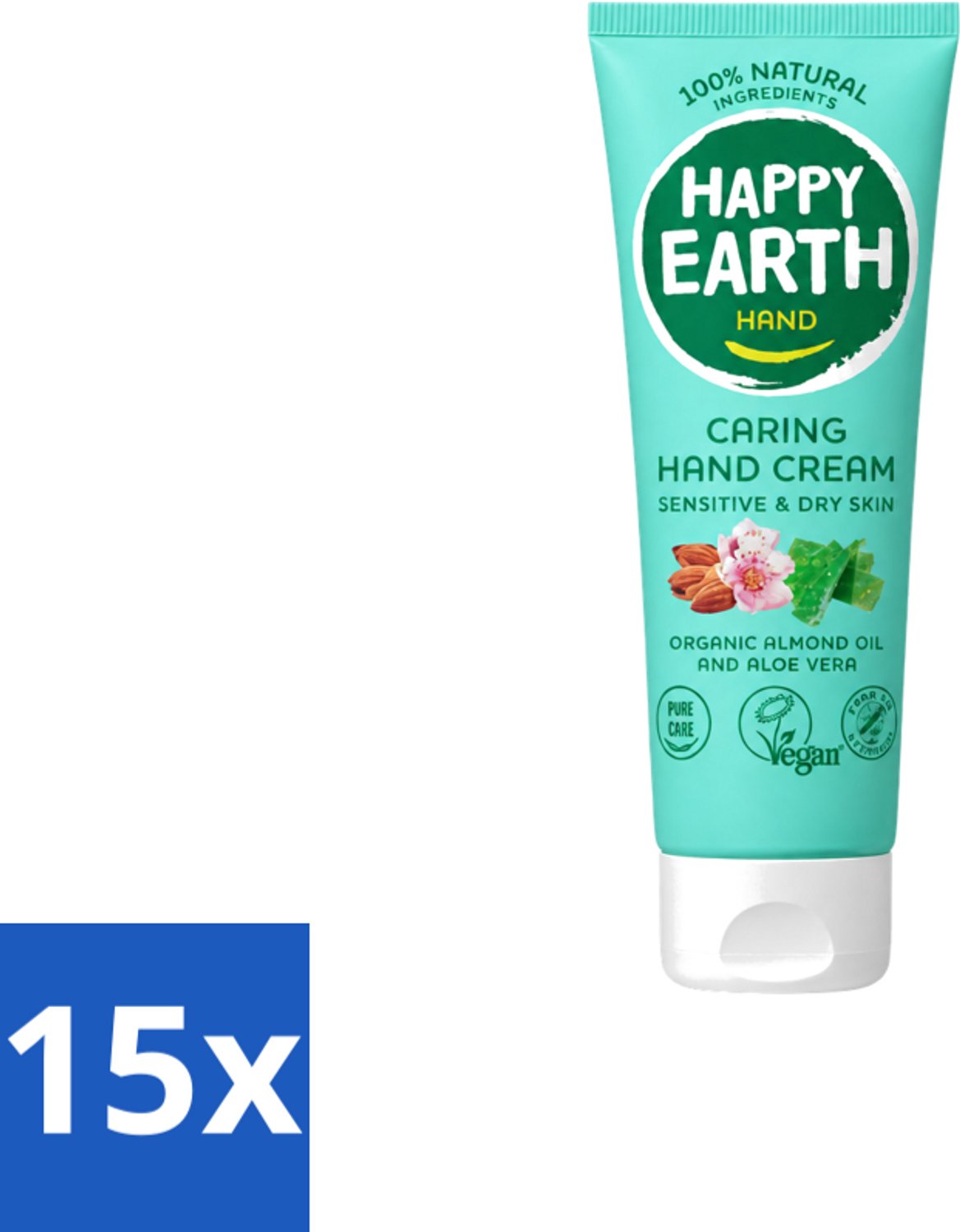 15 x Happy Earth – Handcrème – 100% Natuurlijk – 75 ml - Voordeelverpakking - 15 stuks