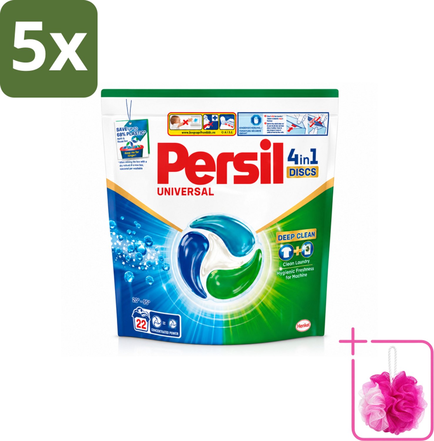 5 x Persil - Wasmiddel - Wasmiddelcapsules Discs Universal - Voor Witte Was - 22 wasbeurten - Bulkverpakking - Persil 4in1 Discs - Douchemop - Witte was