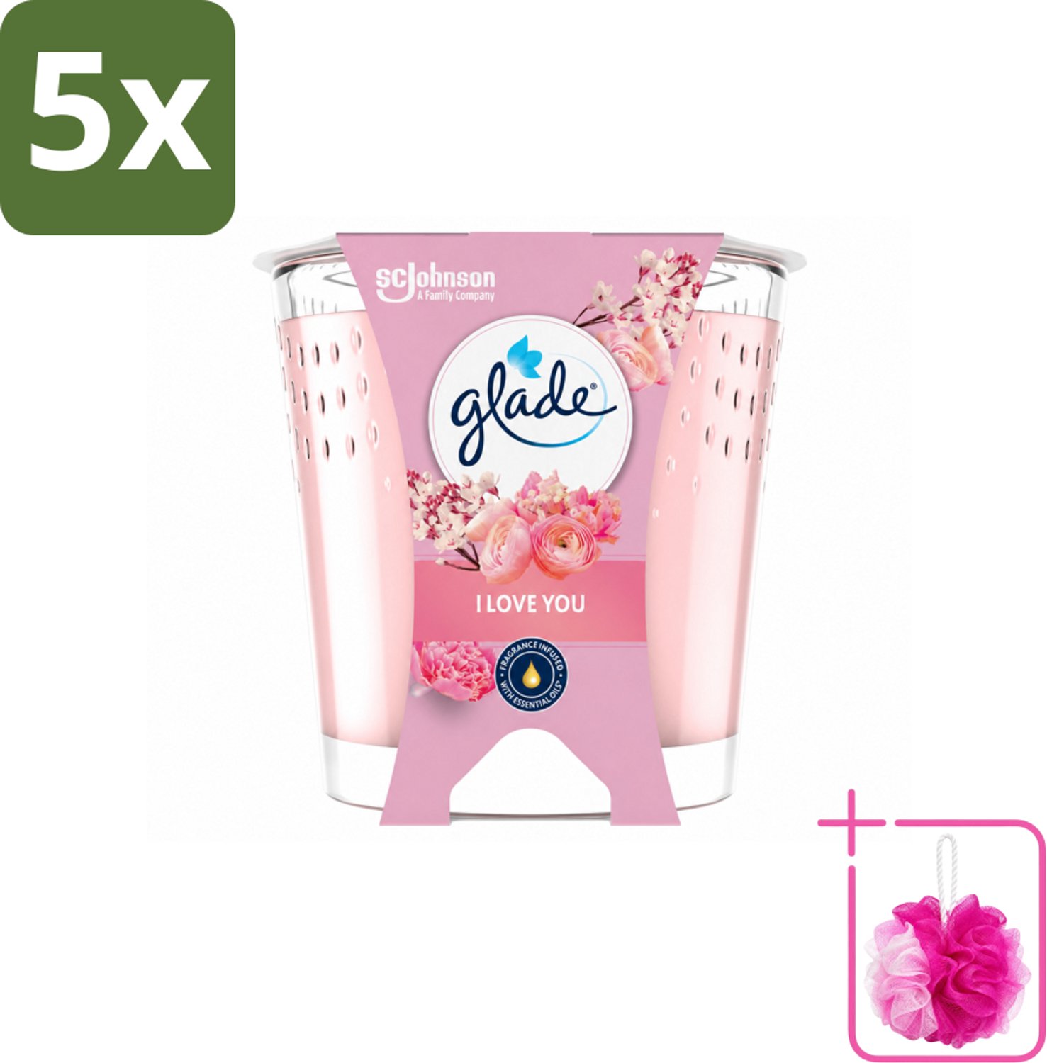 5 x Glade - Geurkaars I Love You - 100% Raapzaadwas & Vegan - 112 g - Bulkverpakking - Geurkaars - Douchemop - Vegan