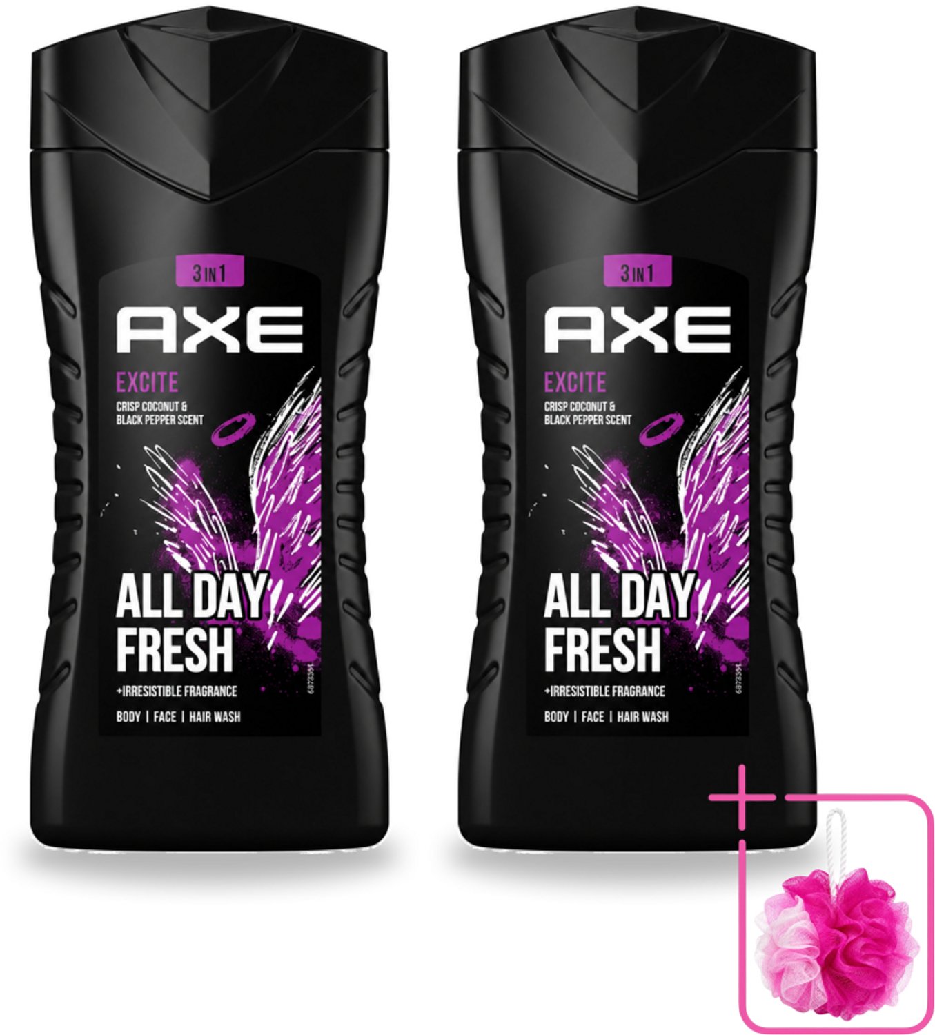 2 x AXE - 3-in-1 Douchegel - Excite - Lichaam, Gezicht & Haar - Verleidelijke Geur - 250 ml - Bulkverpakking - Douchegel - Douchemop - Lichaam
