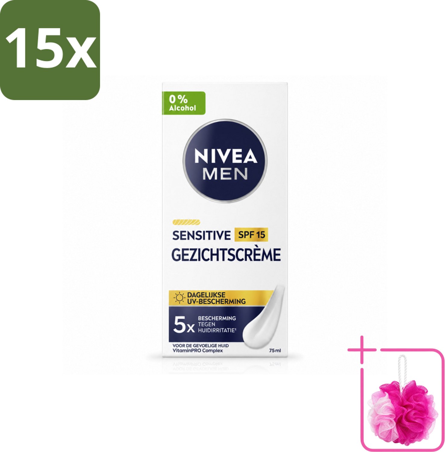 15 x NIVEA MEN - Sensitive - Gezichtscrème met SPF 15 - 75 ml - Bulkverpakking - Gevoelige huid - Douchemop - Gezichtscreme