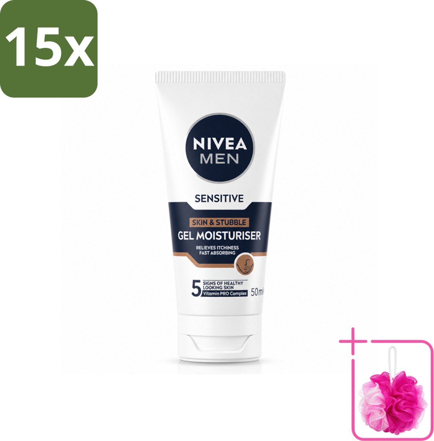 15 x NIVEA MEN - Sensitive - Gezichtsgel Huid & Stoppelbaard - 50 ml - Bulkverpakking - Gevoelige huid - Douchemop - Stoppelbaard verzorging