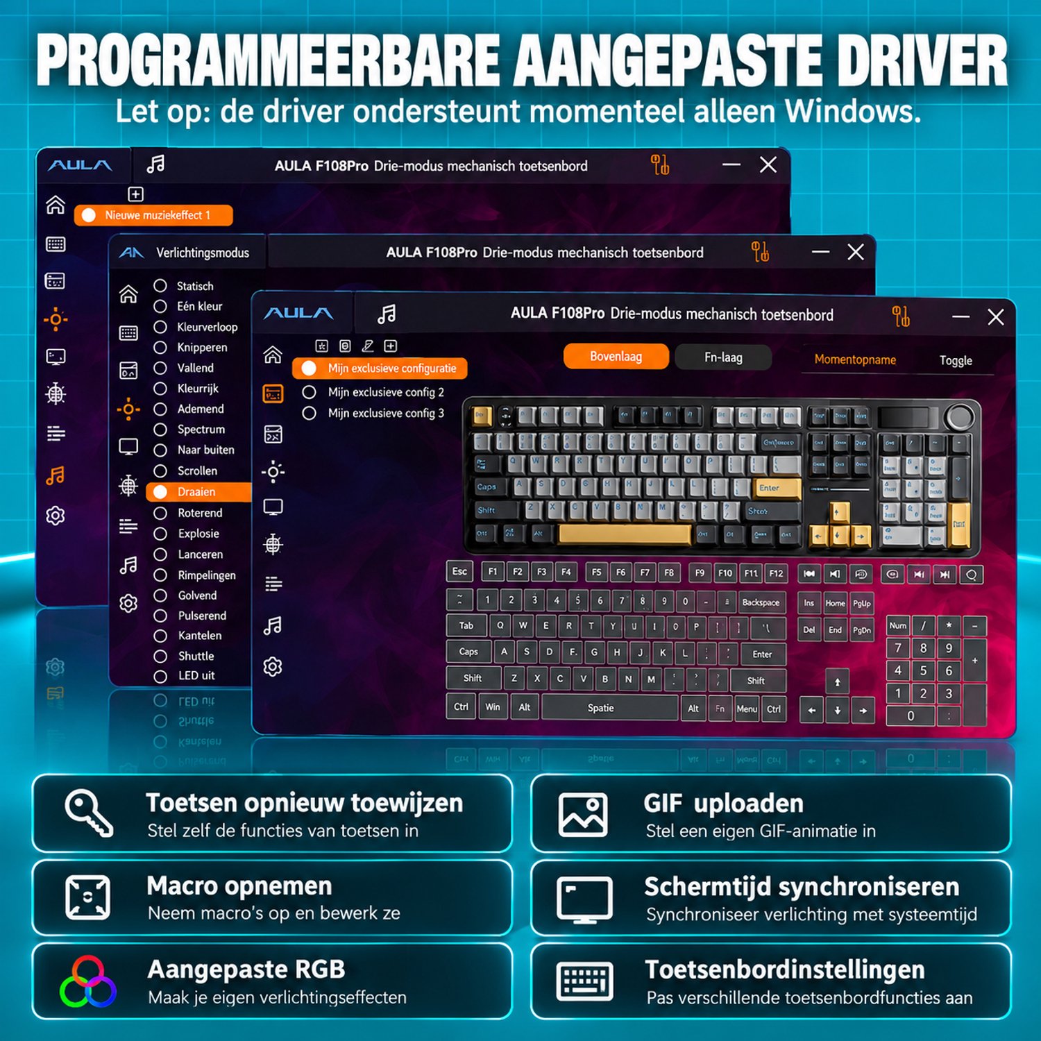 EPOMAKER x AULA F108 Pro - Zwart - Mechanisch Gaming Toetsenbord – LCD Display – RGB – Tri-Mode Draadloos – Hot-Swappable – Full Size - Reaper Switch thumbnail 6