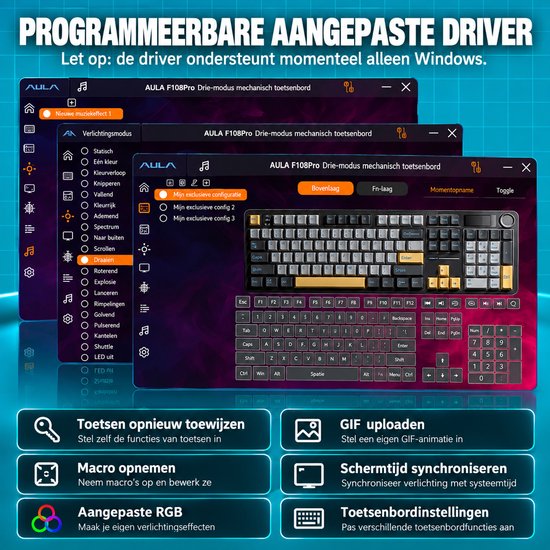 Software-interface voor het AULA F108 Pro toetsenbord voor het aanpassen van RGB-effecten en macro's.