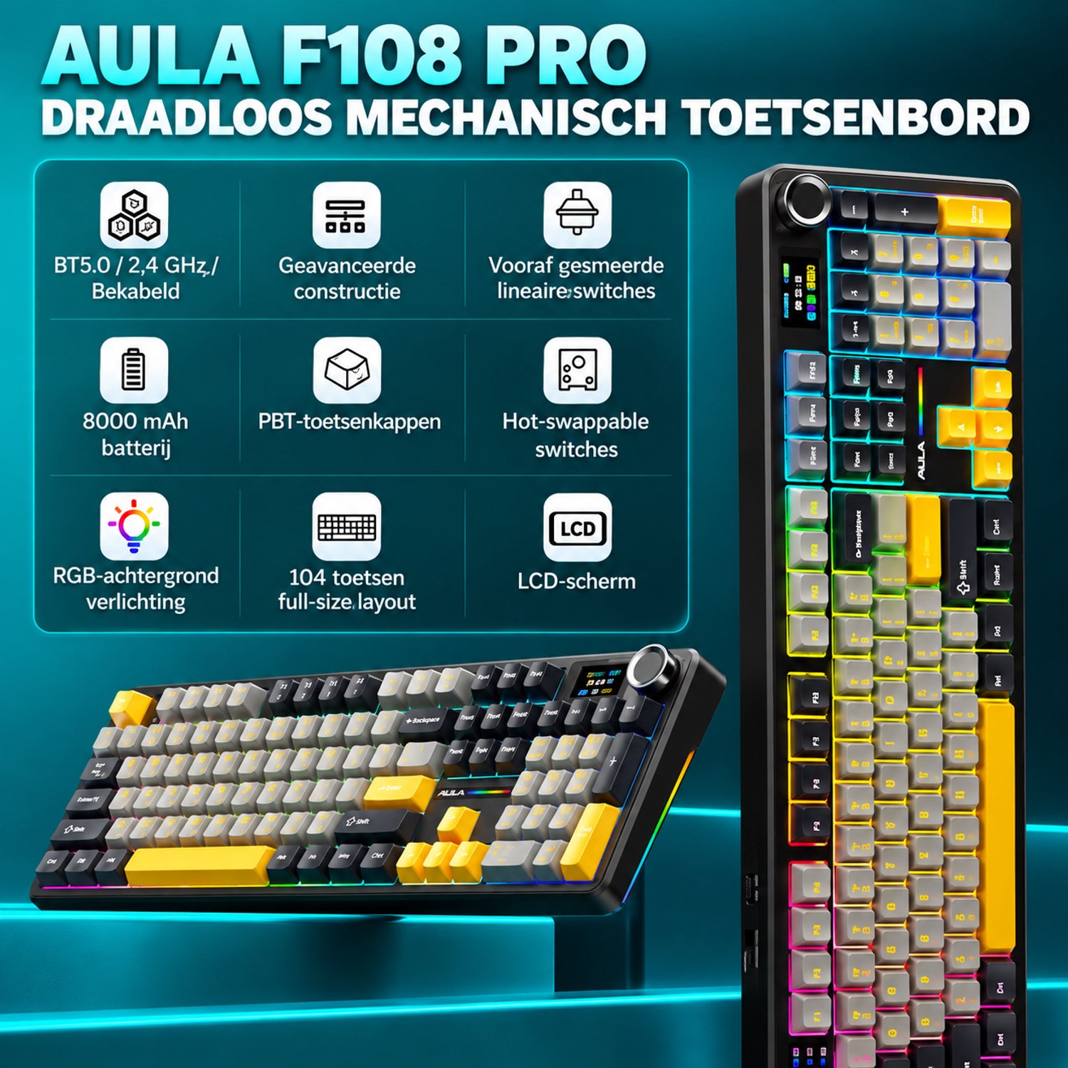 EPOMAKER x AULA F108 Pro - Zwart - Mechanisch Gaming Toetsenbord – LCD Display – RGB – Tri-Mode Draadloos – Hot-Swappable – Full Size - Reaper Switch thumbnail 3