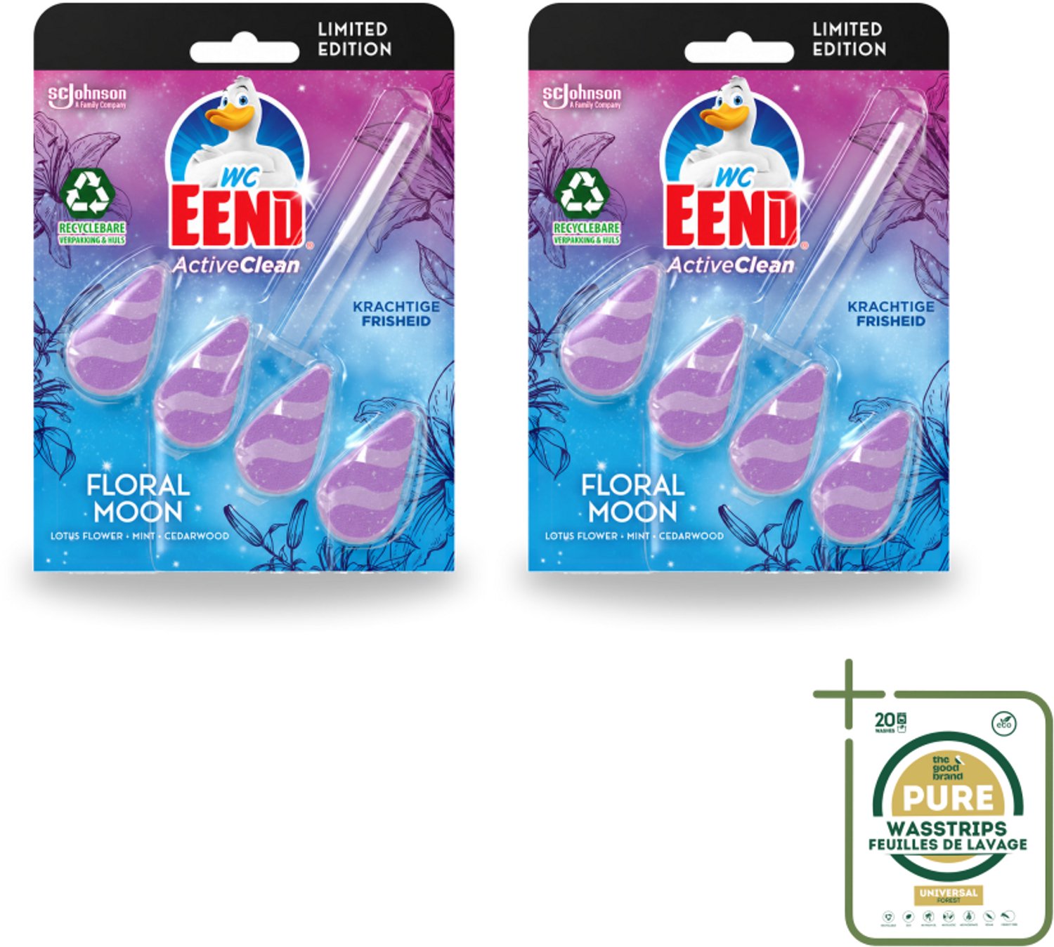 2 x WC Eend - Active Clean Floral Moon - Toiletblok - Lotus, Munt & Cederhout Geur - 38 gr - Wasstrips - Toiletblok - Toiletgeur - Actieve Reiniging - Frisheid - Bloemige Geur