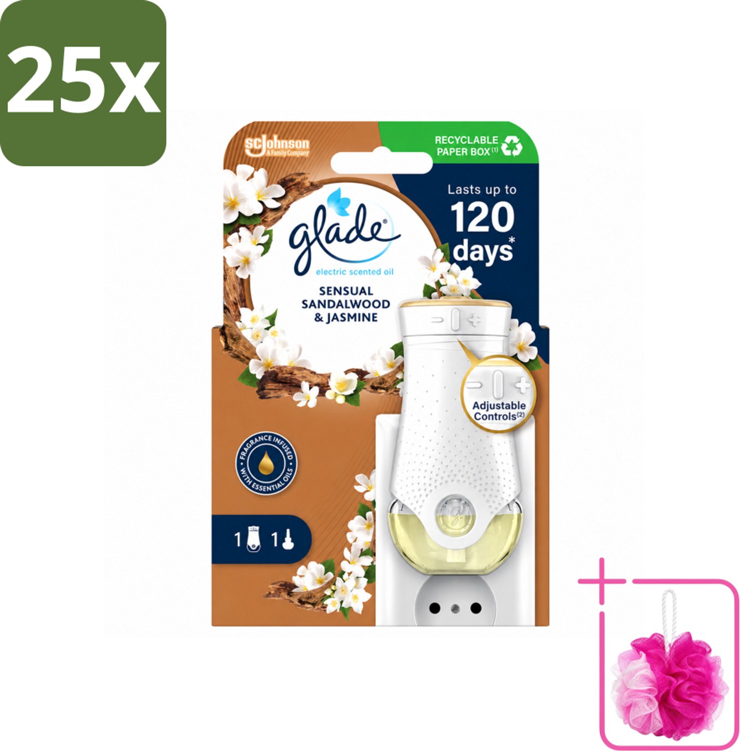 25 x Glade - Houder Elektrische Olie - Sensual Sandelhout Jasmijn - Bulkverpakking - Geurhouders - Douchemop - Geur