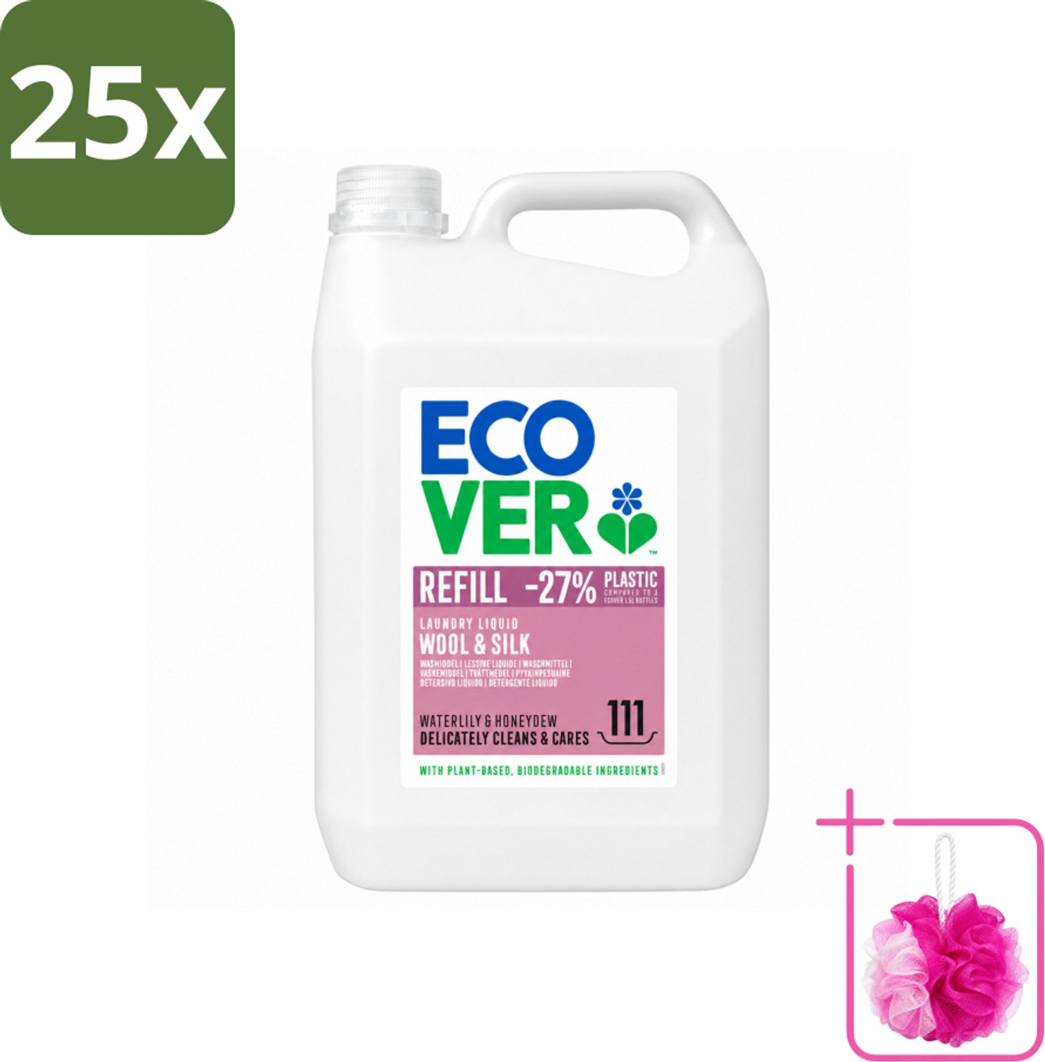 25 x Ecover - Vloeibaar wasmiddel - Wol & Fijnwas - Waterlelie & Honingmeloen - 5 liter - 111 wasbeurten - Bulkverpakking - Fijnwas - Douchemop - Wolwas