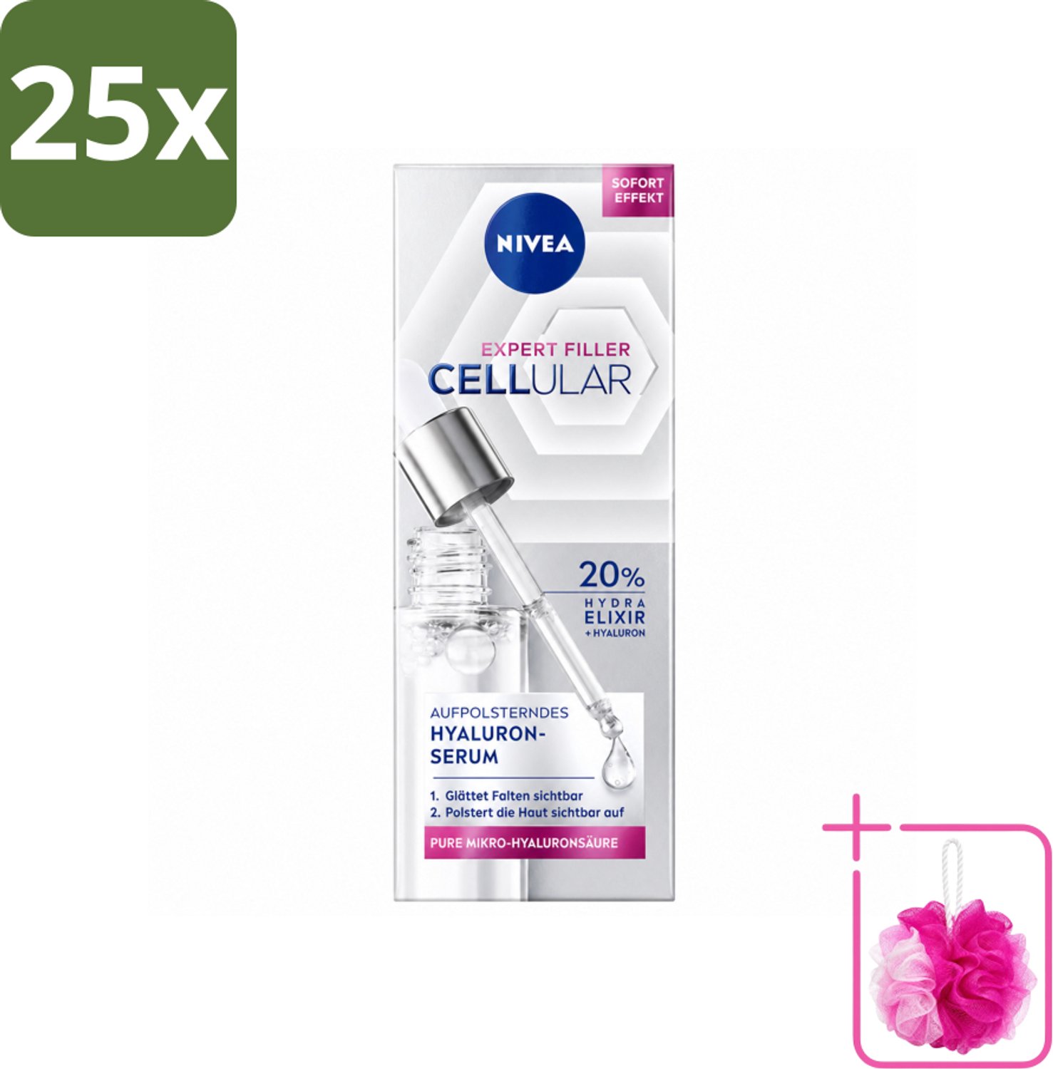 25 x Nivea - Cellular - Expert Filler Hyaluronzuur Serum - Rimpelvullend en Hydraterend - 15 ml - Bulkverpakking - Hyaluronzuur serum - Douchemop - Rimpelvulling