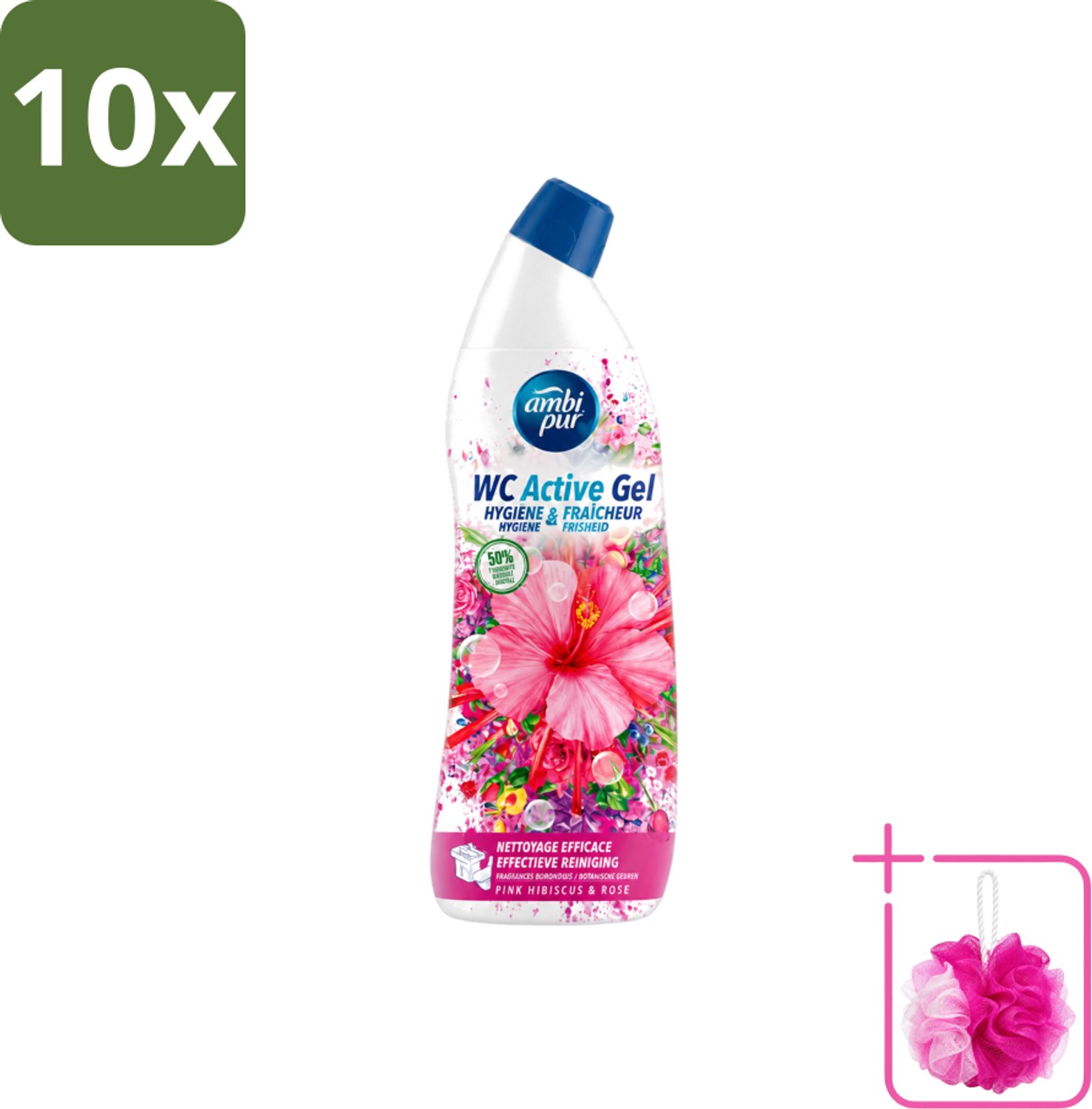 10 x Ambi Pur - Toiletreiniger - WC Active Gel - Hibiscus & Roos - 750 ml - Bulkverpakking - Toiletreiniger - Douchemop - Wc reinigen