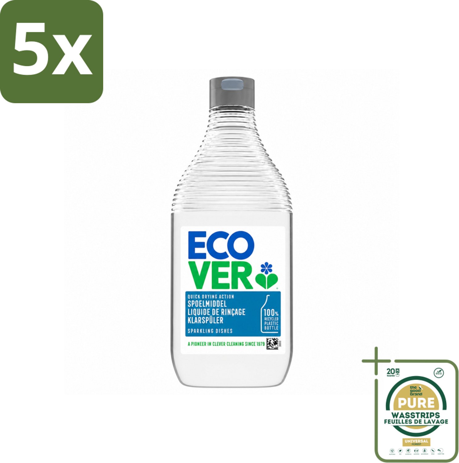 5 x Ecover - Spoelmiddel - 450 ml - Wasstrips - Ecover Spoelmiddel - Vaatwasmiddel - Glanzende Vaat - Streeploze Vaat - Kalkaanslag Voorkomen