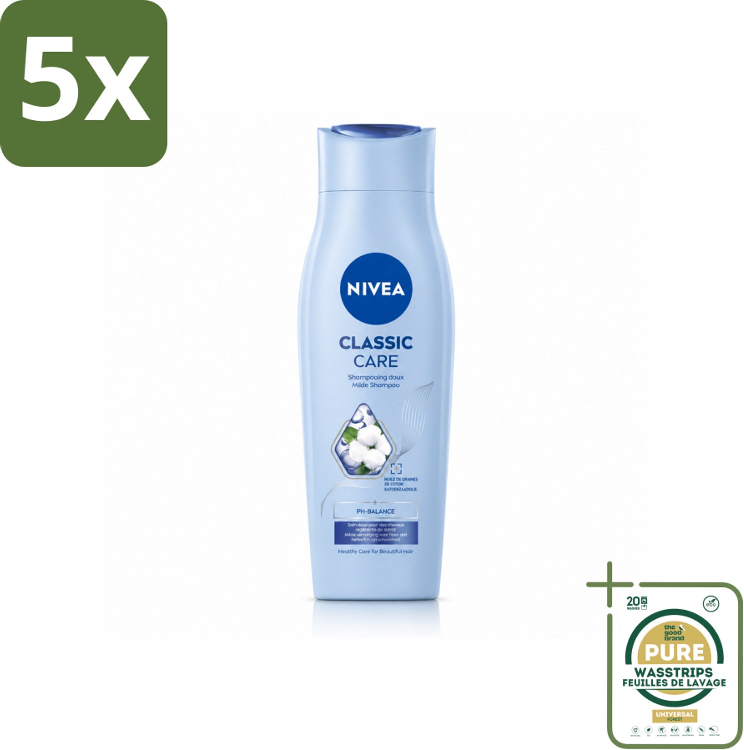 5 x NIVEA - Shampoo - Klassieke Verzorging - Gezonde Zorg - Glanzend Haar - 250 ml - Wasstrips - Shampoo Voor Haar - Gezond Haar - Glanzend Haar - Verzorgend Shampoo - Dagelijks Shampoo