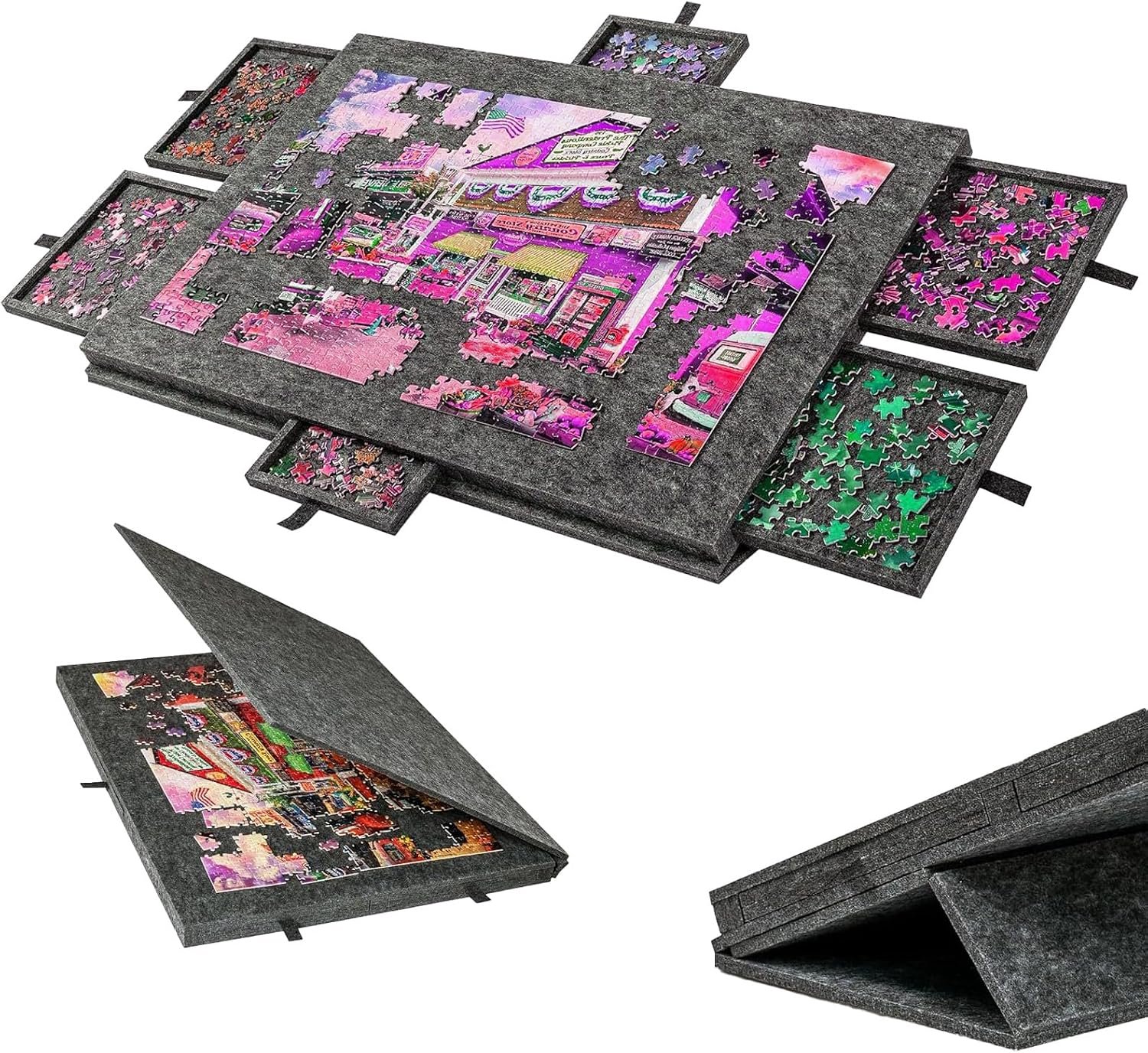 Puzzelbord, 1500 stukjes, draagbare puzzelplank met 6 laden, 2-in-1 afdekking en puzzelstandaard, puzzelbord, puzzeltafel, accessoires voor maximaal 1500 stukjes (zwart)