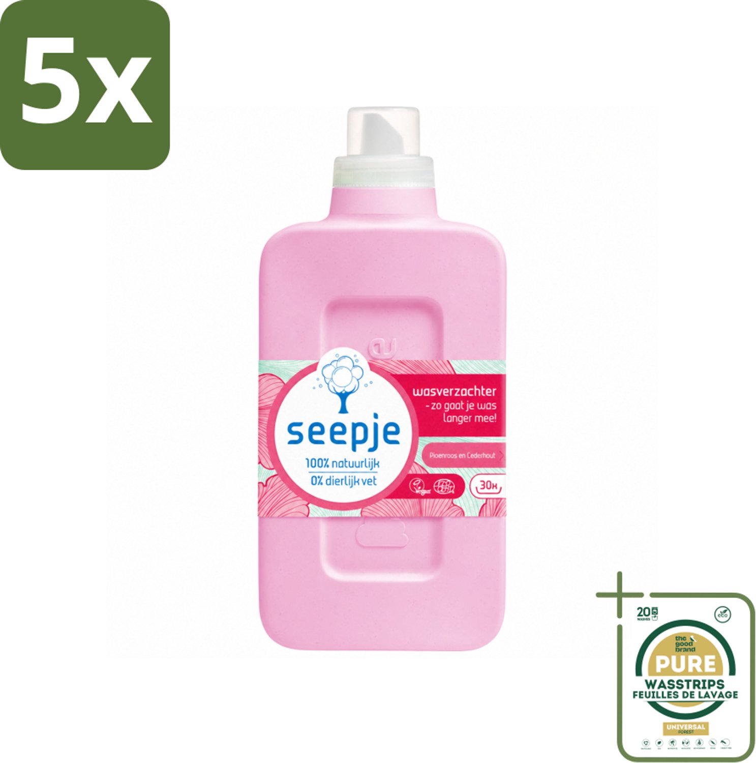 5 x Seepje - Wasverzachter - Geurige Verzorging - Pioenroos en Cederhout - 30 Wasbeurten - 750 ml - Wasstrips - Wasverzachter - Natuurlijke Wasverzachter - Pioenroos En Cederhout - Wasverzachter Pioenroos - Wasverzachter Cederhout