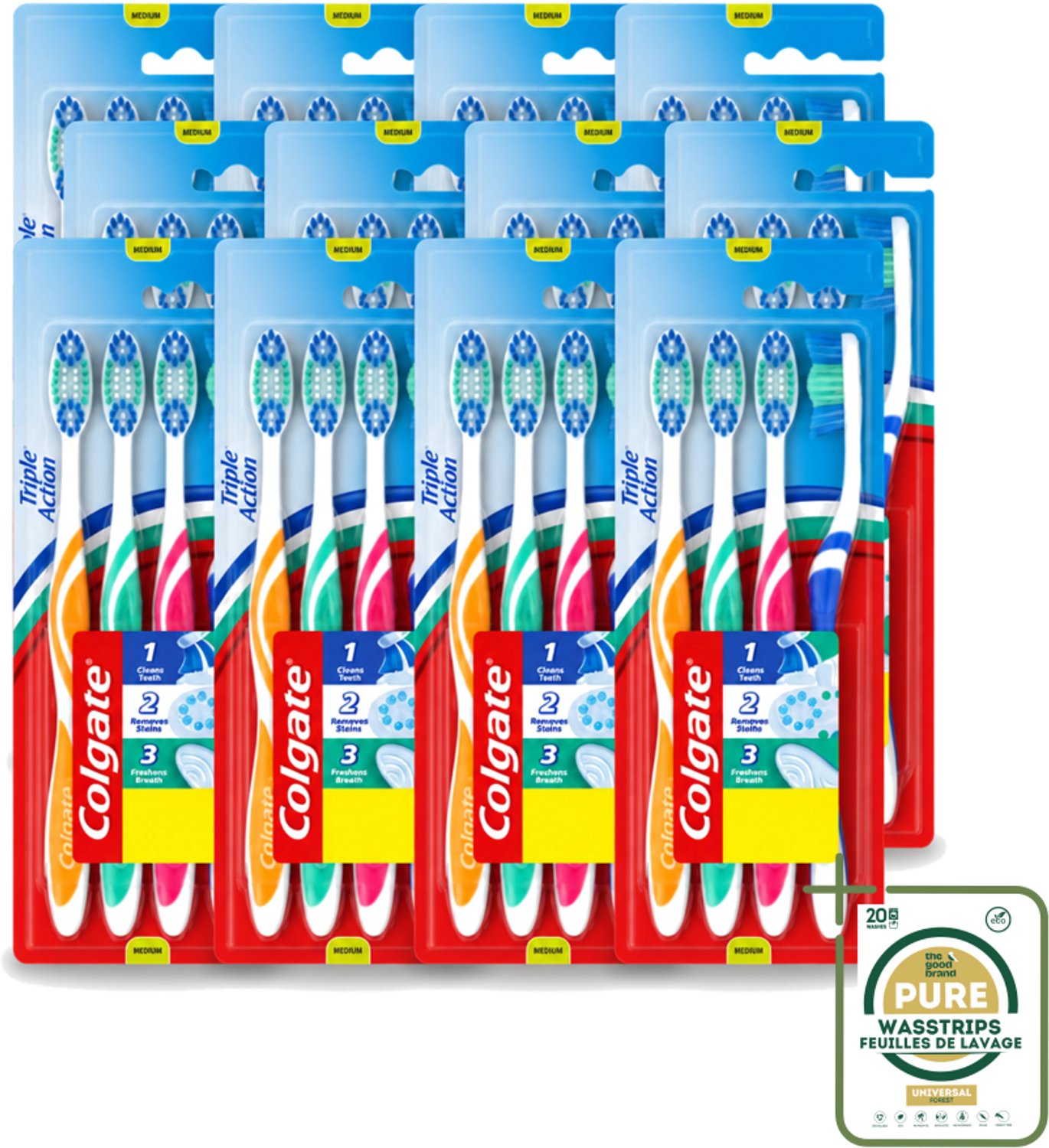 12 x Colgate - Tandenborstels - Triple Action - Medium - 4 borstels - Wasstrips - Tandenborstel - Mondhygiëne - Tanden Reinigen - Vlekverwijderen - Frisse Adem