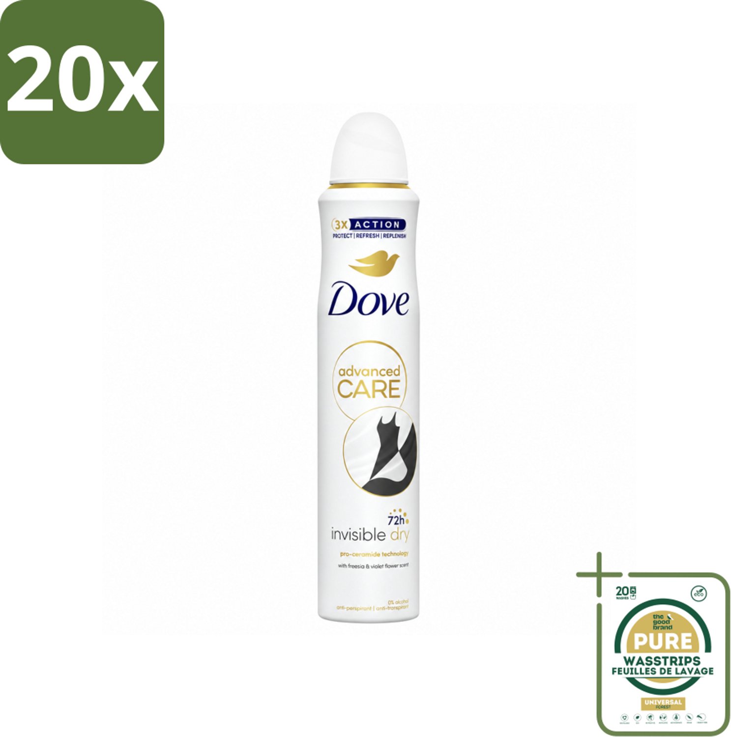 20 x Dove Deodorant Spray - Invisible Dry - 200 ml - Wasstrips - Deodorant Spray - Onzichtbare Bescherming - Anti-Sweat - Geur - Okselbescherming