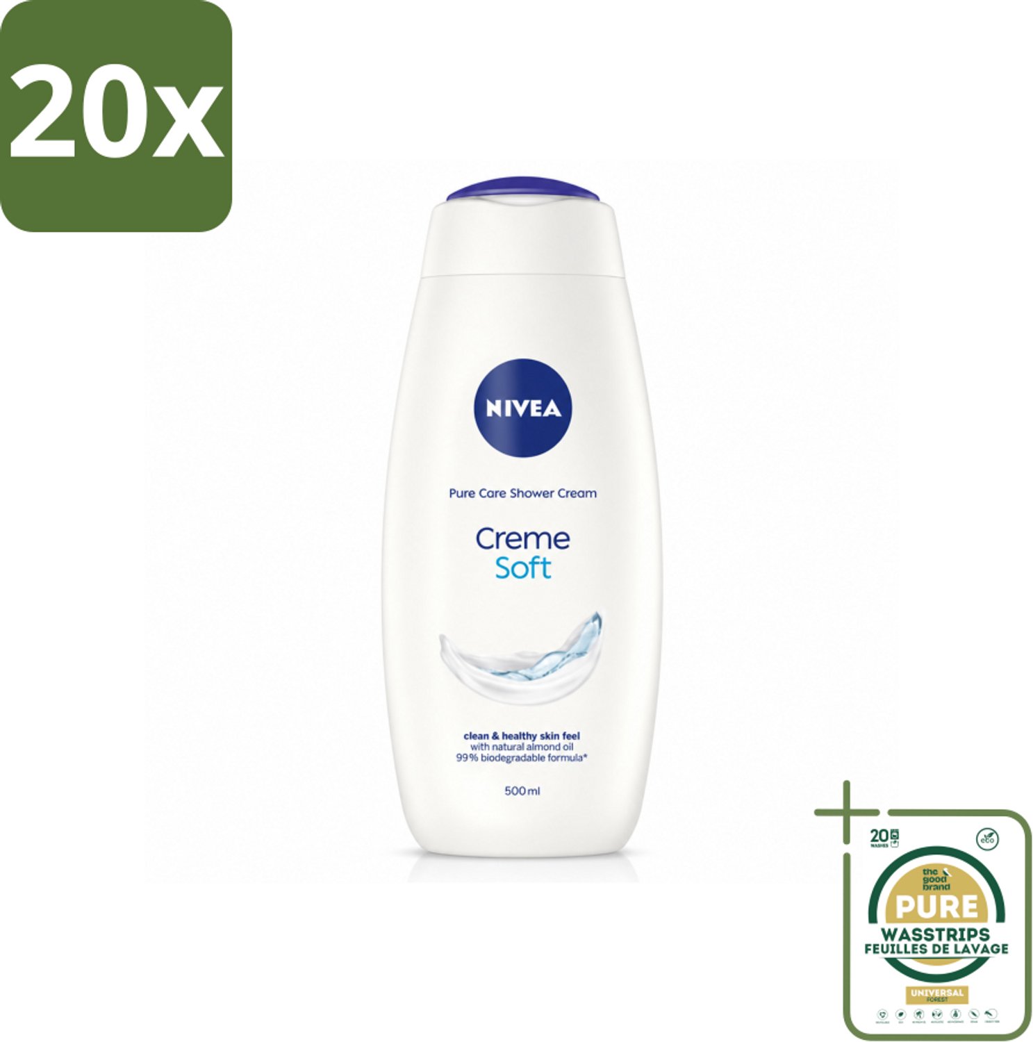 20 x NIVEA - Douchecrème - Zacht - Huidbeschermend - Amandelolie - 500 ml - Wasstrips - Douchecrème - Huid Verzorging - Amandelolie - Zijdezachte Huid - Milde Reiniging