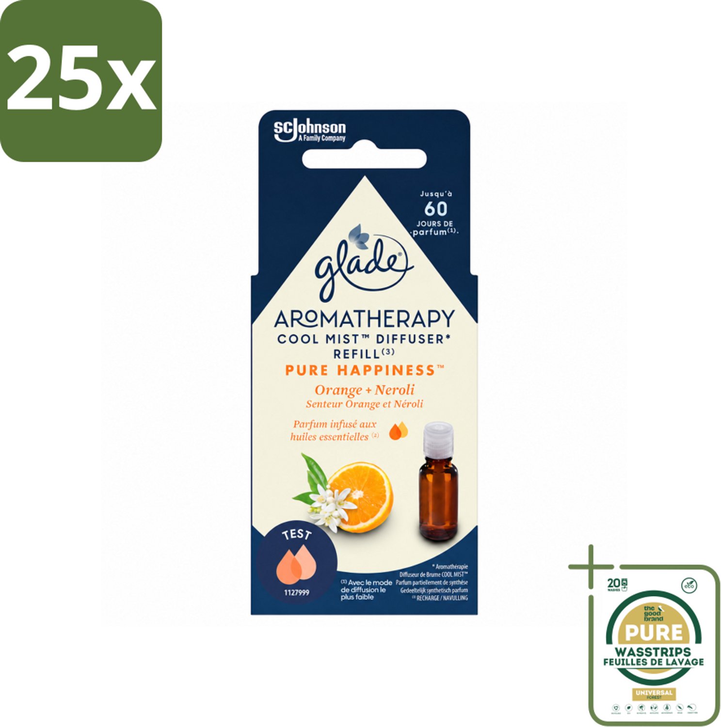 25 x Glade - Mistnavulling Pure Happiness - Aromatherapie - 17,4 ml - Wasstrips - Aromatherapie - Geurverspreiding - Luchtverfrisser - Geur - Geurboost