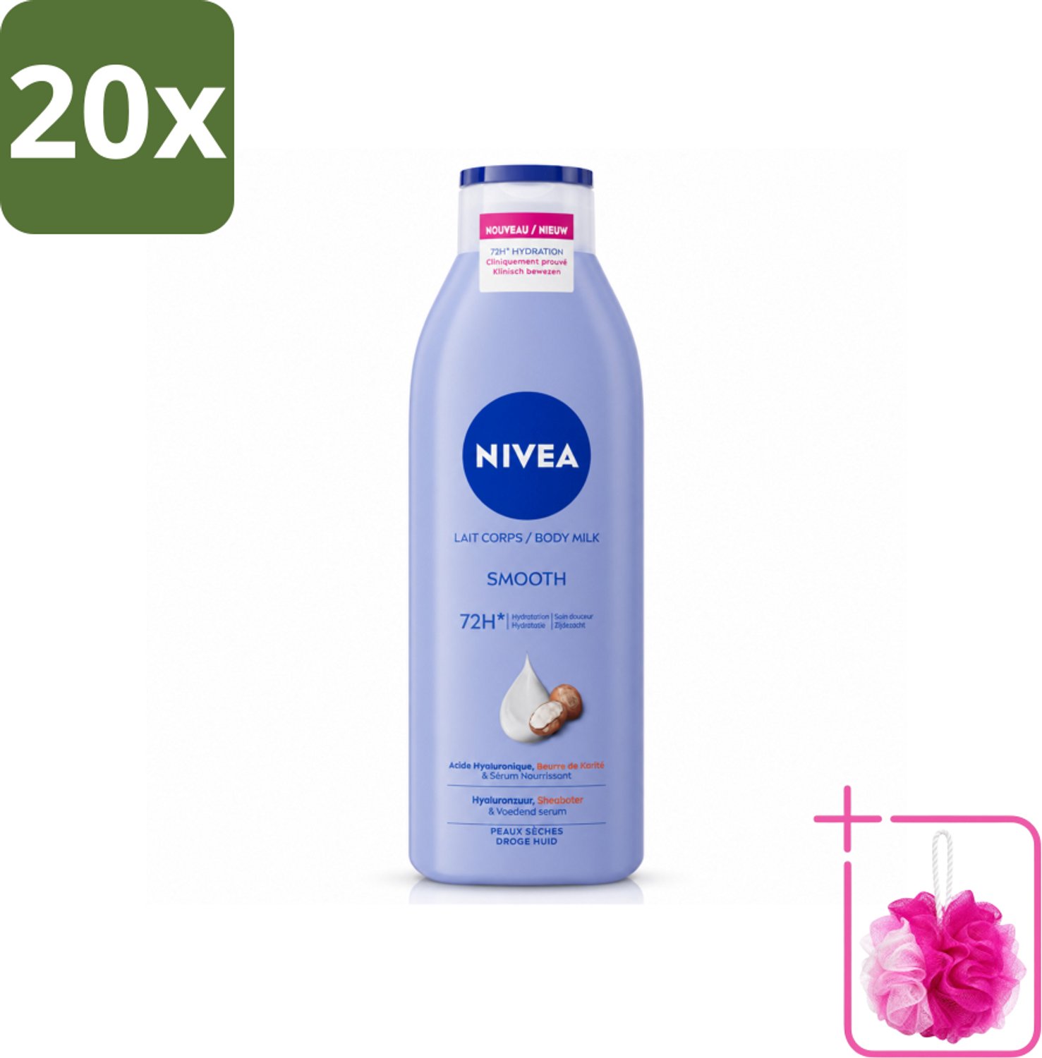 20 x Nivea - Smooth Body Milk - Sheaboter - 72 uur Hydratatie - Voor Droge Huid - 250 ml - Bulkverpakking - Hydratatie - Douchemop - Droge huid