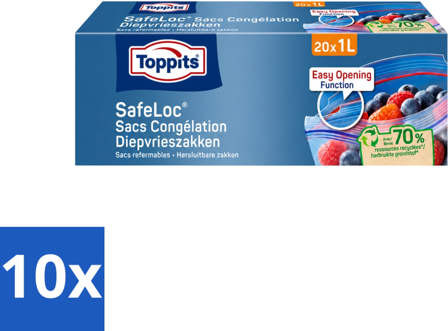 10 x Toppits – Safeloc Diepvrieszakken – 1 Liter – 20 Zakjes - Voordeelverpakking - 10 stuks