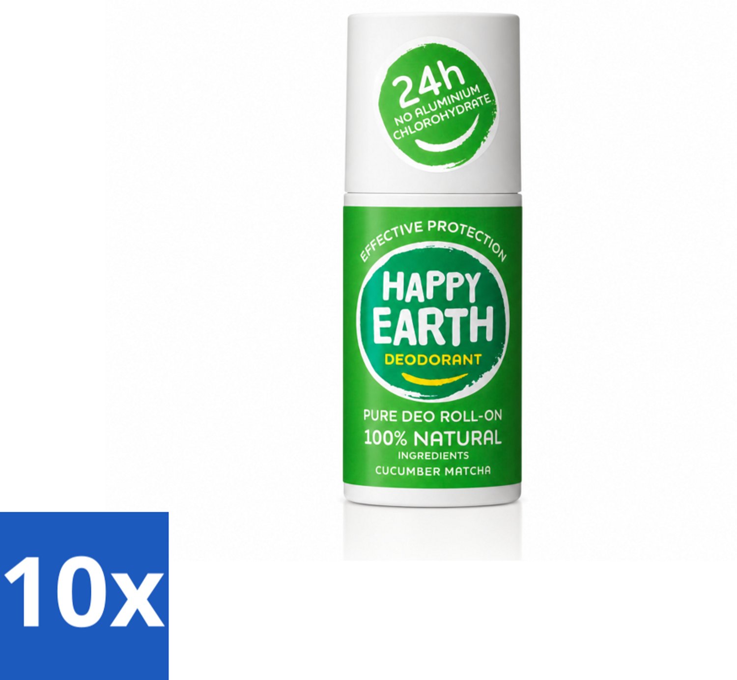 10 x Happy Earth – Deodorant Roll-On – 100% Natuurlijk Cucumber Matcha – 75 ml - Voordeelverpakking - 10 stuks