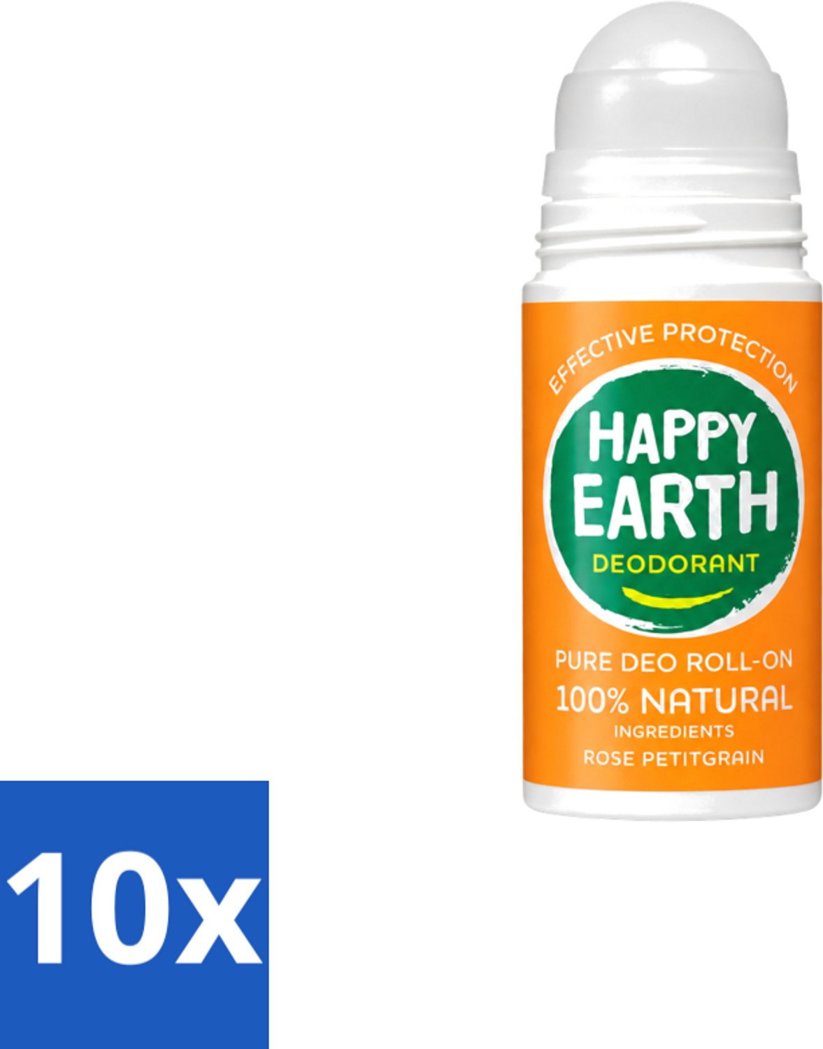 10 x Happy Earth – Deodorant Roll-On – 100% Natuurlijk Rose Petitgrain – 75 ml - Voordeelverpakking - 10 stuks