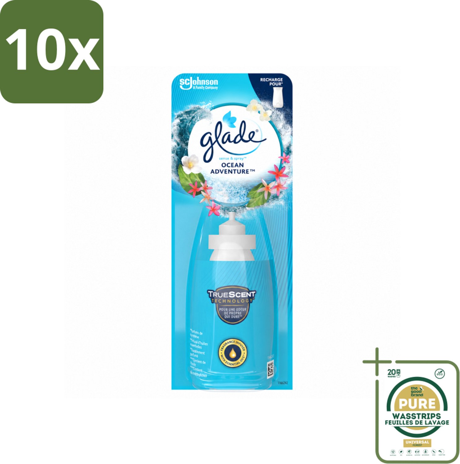 10 x Glade - Sense & Spray - Ocean Adventure - 18 ml - Wasstrips - Luchtverfrisser - Zeegeur - Citrusgeur - Bloemengeur - Automatische Geur