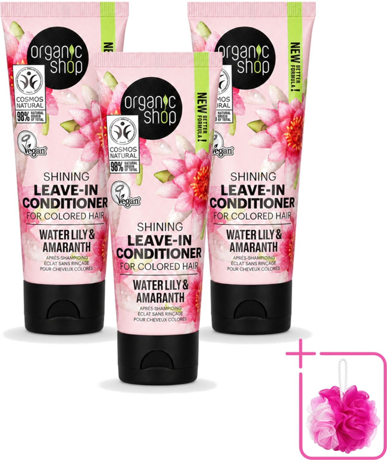 3 x Organic Shop - Shining Leave-In Conditioner Water Lily & Amaranth - 75 ml - Bulkverpakking - Haarkleur bescherming - Douchemop - Natuurlijke haarkleur
