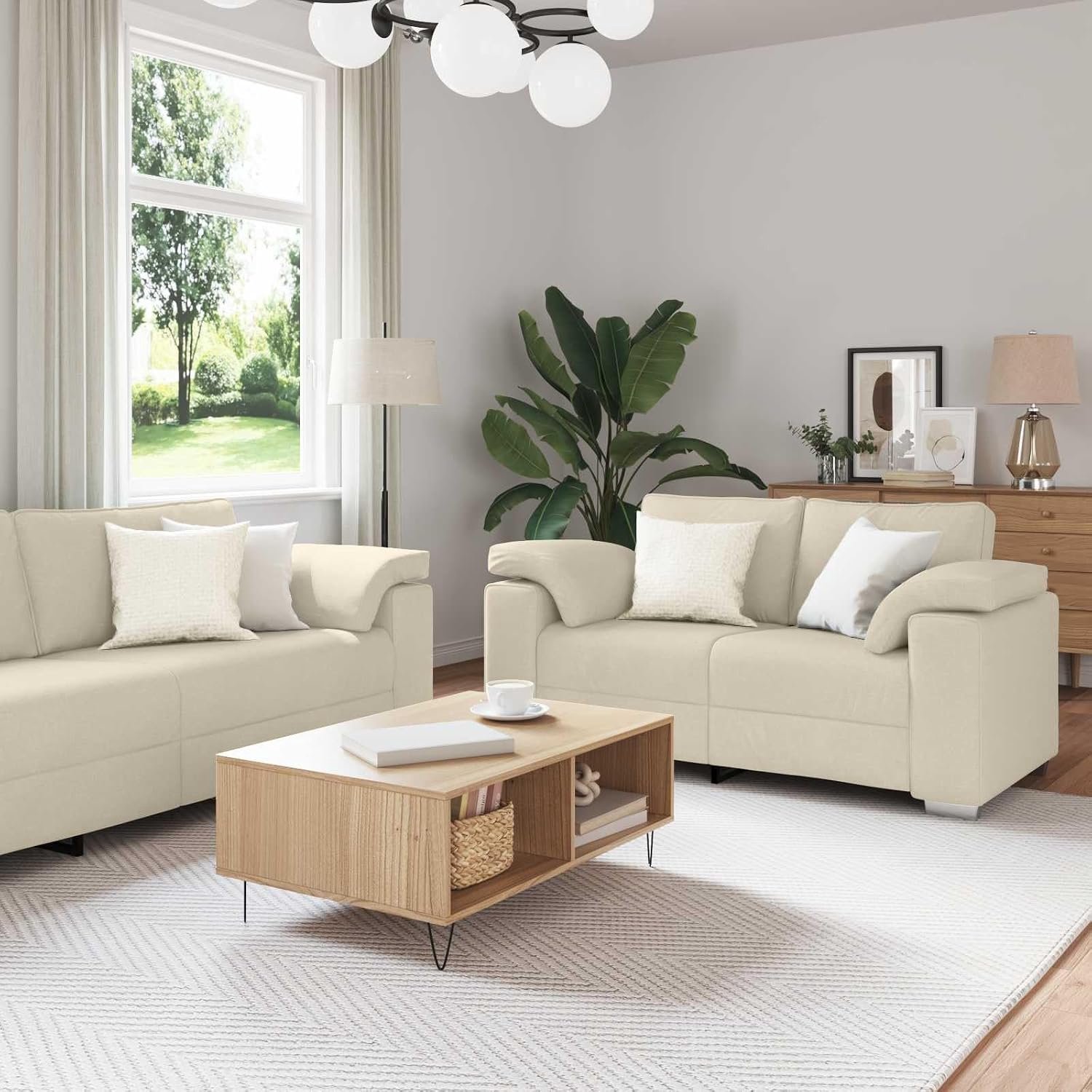 Stoffen sofa set 2 stuks crème 219 x 77 x 82 cm met pluche vulling en robuust frame voor woonkamer inrichting