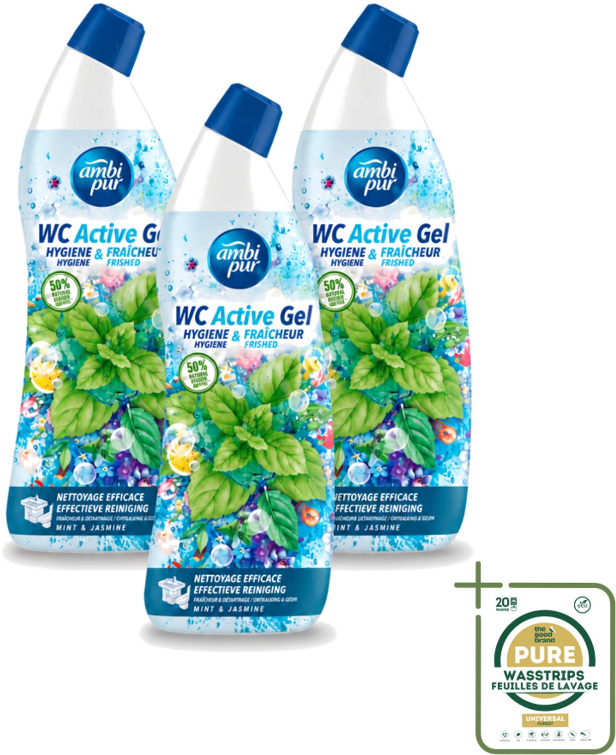 3 x Ambi Pur - Toiletreiniger - WC Active Gel - Mint & Jasmijn - 750 ml - Wasstrips - Toiletreiniger - Anti-kalk - Toilet Reinigen - Toilet Reinigingsgel - Munt En Jasmijn Geur