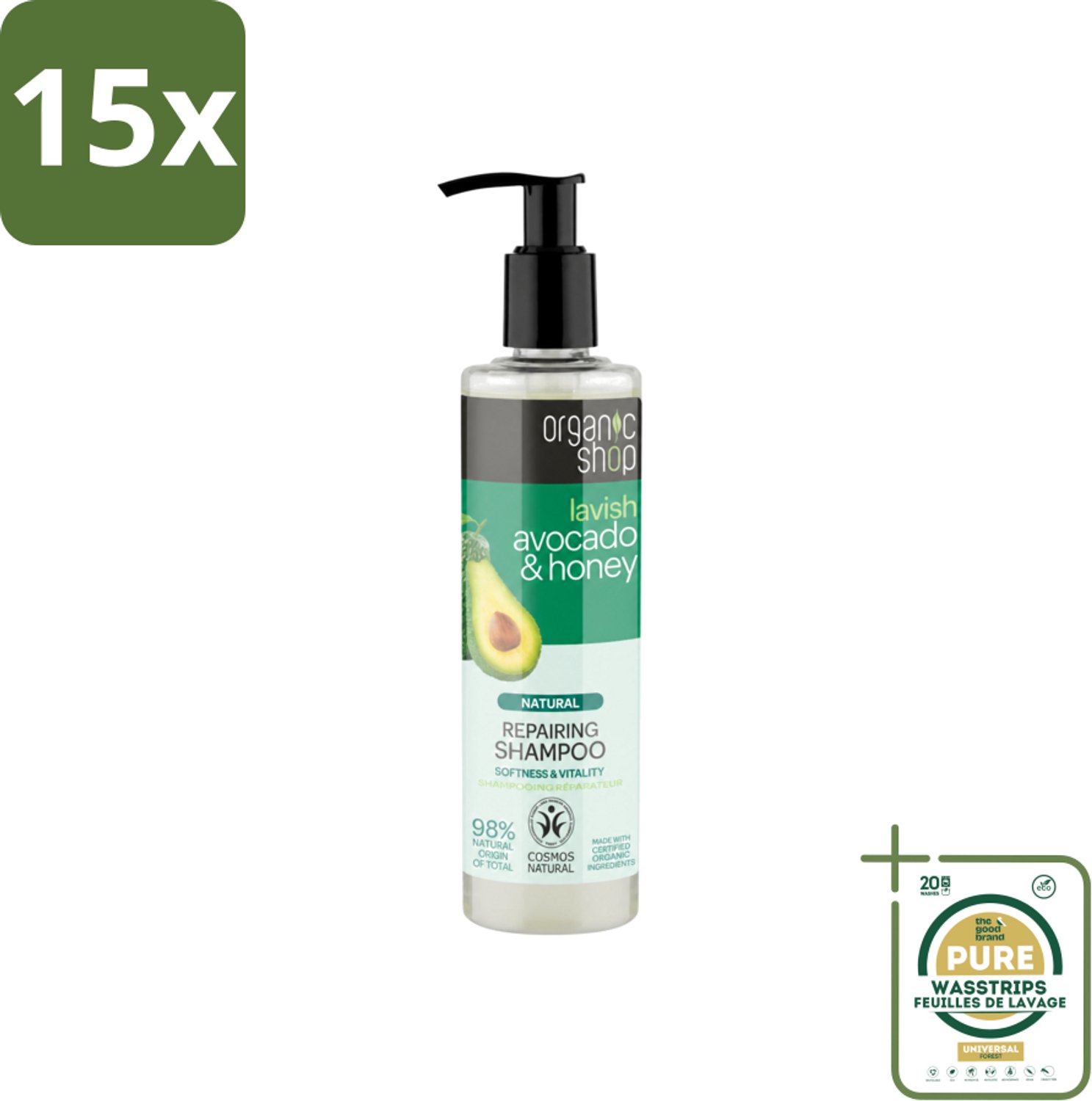 15 x Organic Shop - Natural Repairing Shampoo - Avocado & Honey - Hydraterend en Herstellend - 280 ml - Wasstrips - Avocado En Honing Shampoo - Herstellend Haar - Hydraterend Haar - Beschadigd Haar - Pluis Haar