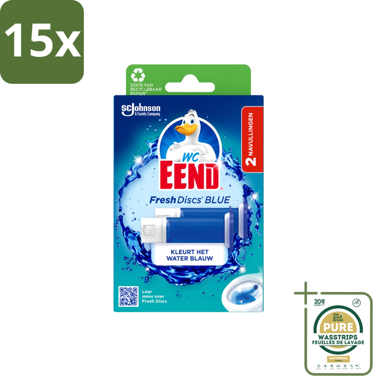 15 x WC Eend - Fresh Discs Coloring Blue - Duo Navulling - Kleurt Water Blauw & Verfrist - 72 ml - Wasstrips - Toiletgel - Toiletverzorging - Toilet Reinigen - Toilet Fris Houden - Toilet Kleuren